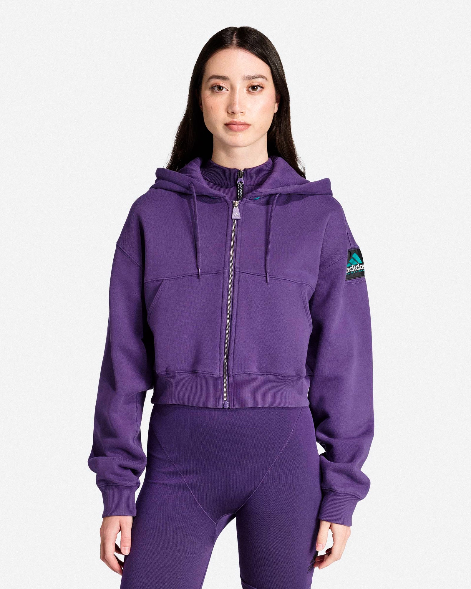 adidas Equipment Cropped Hoodie Violet Hoodies JX1598 On Model Front View | Overkill