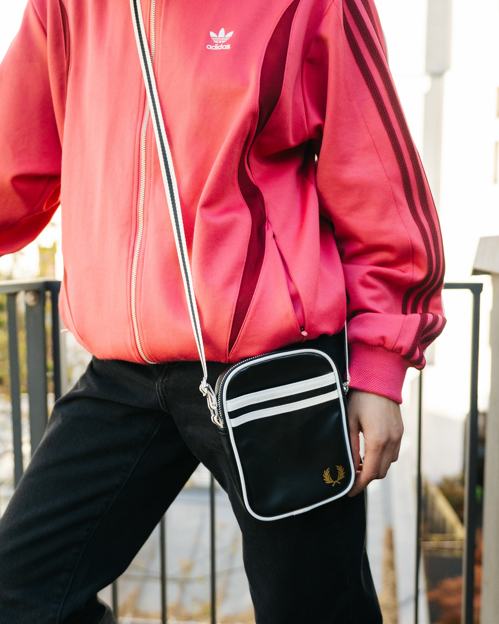 Fred Perry Classic Small Side Bag Black / Ecru Shoulder & Cross Body Bags L1179-D57 On Model View 1 | Overkill