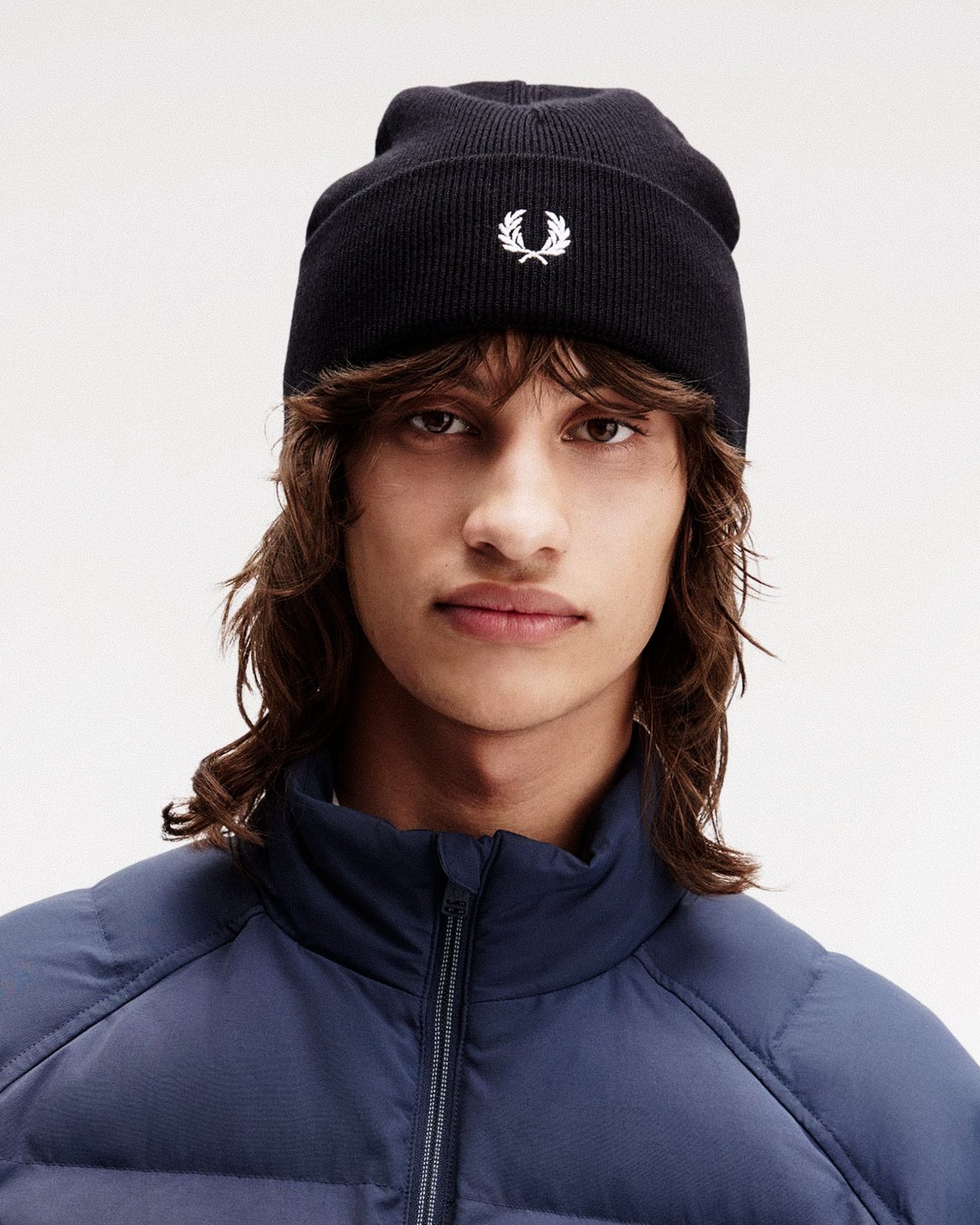 Fred Perry Classic Beanie Black / Snow White Beanies C8161-843 On Model Front View | Overkill