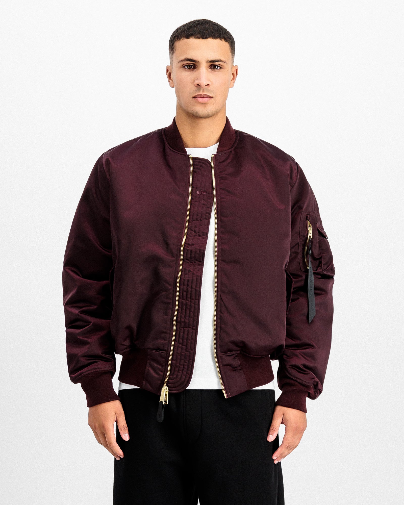 Alpha Industries MA-1 Base Flight Jacket Dark Cherry Bomber & Varsity Jacket 756111-608 On Model Front View | Overkill