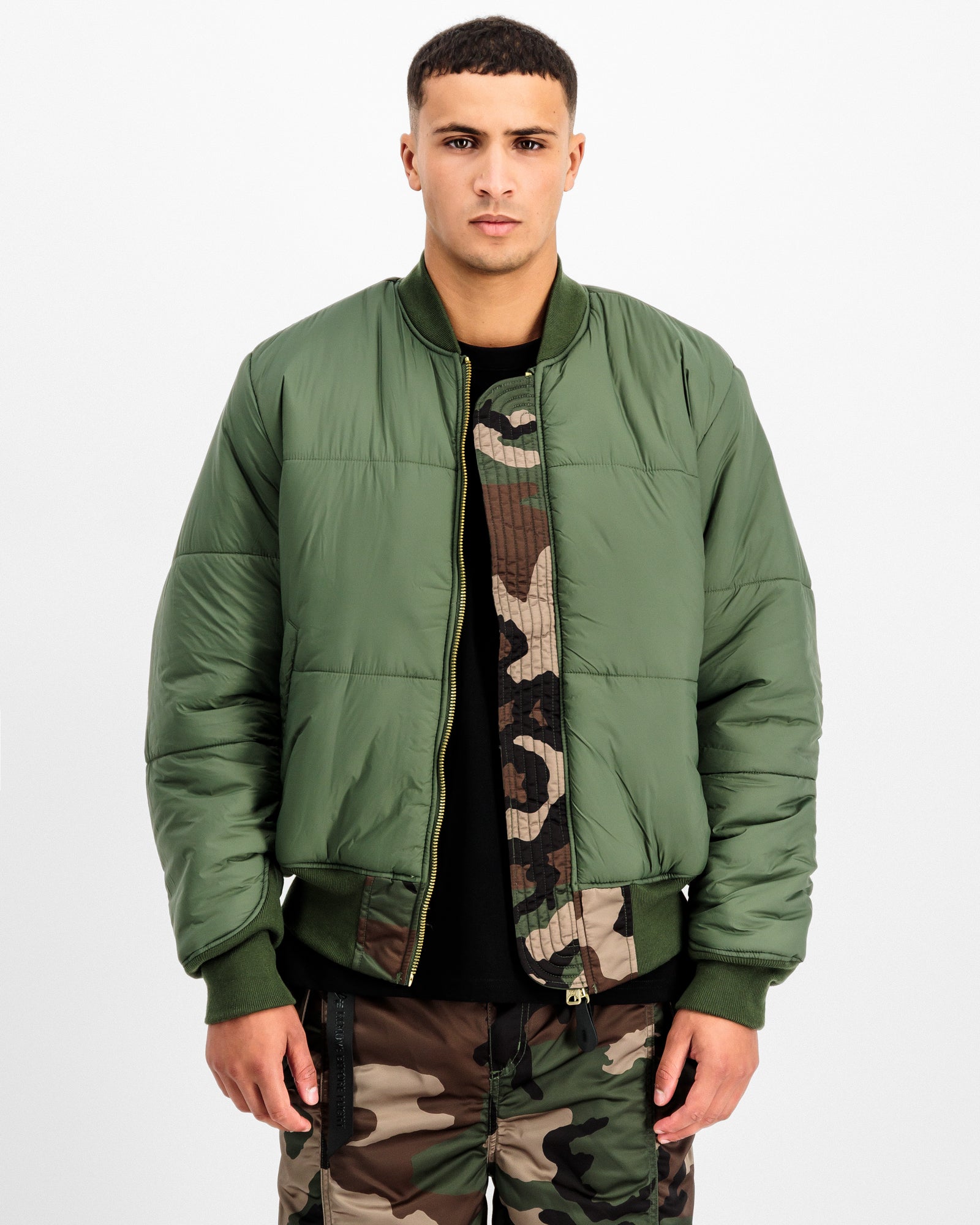Alpha Industries MA-1 Base Flight Jacket Wdl Camo 65 Bomber & Varsity Jacket 756111C-408 On Model Front View | Overkill