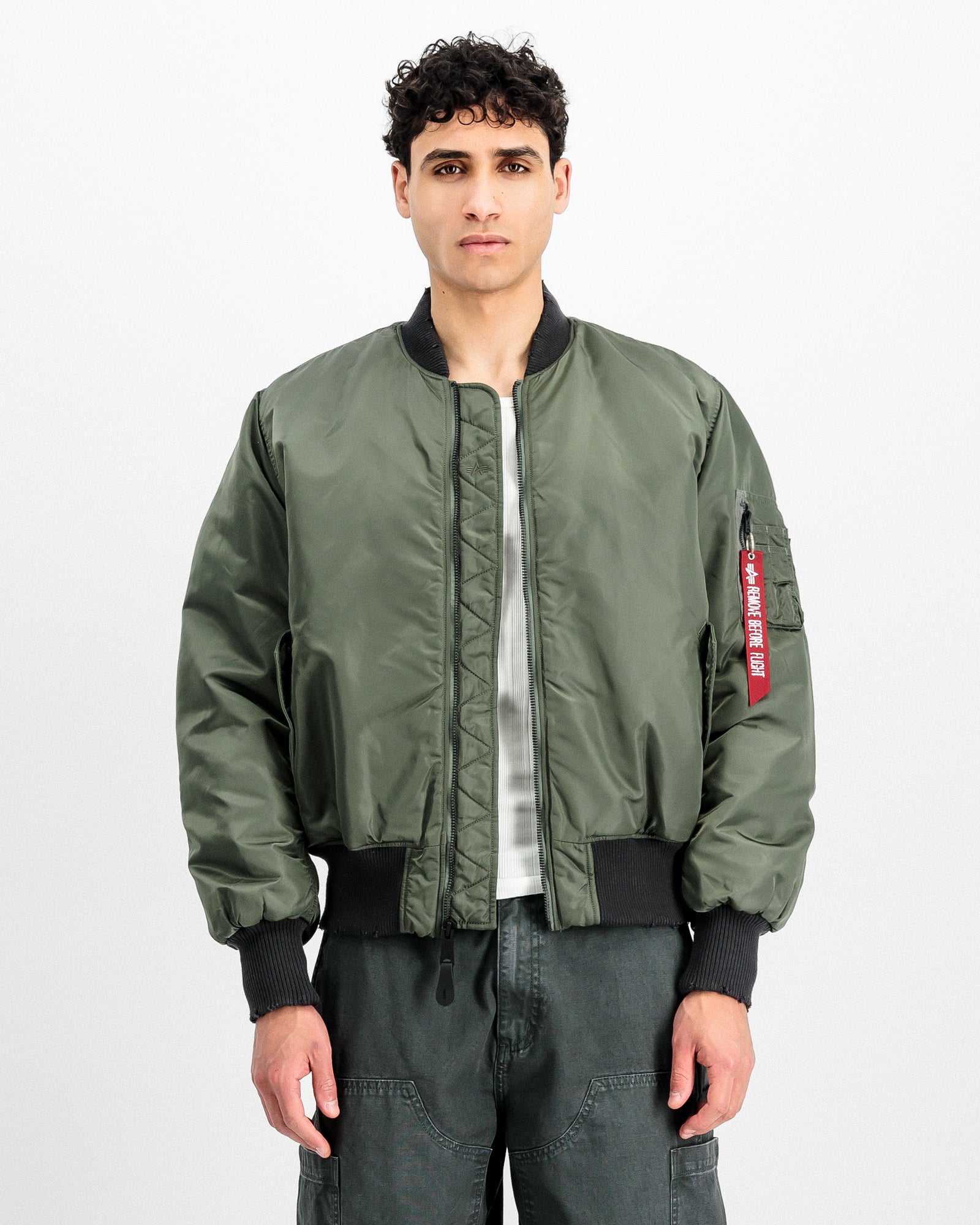 Alpha Industries MA-1 Distressed Bomber Jacket Vintage Green Bomber & Varsity Jacket 258128-432 On Model Front View | Overkill