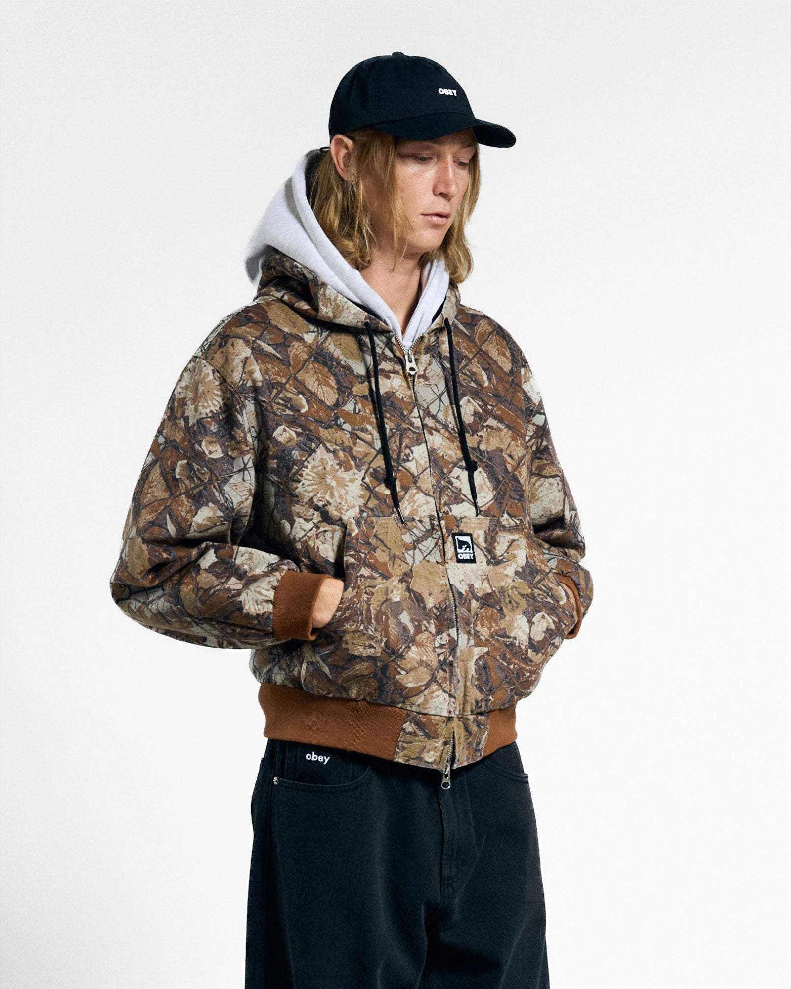 Obey Glen Zip Up Jacket Fence Camo Multi Bomber & Varsity Jackets 121800593 On Model Front View | Overkill