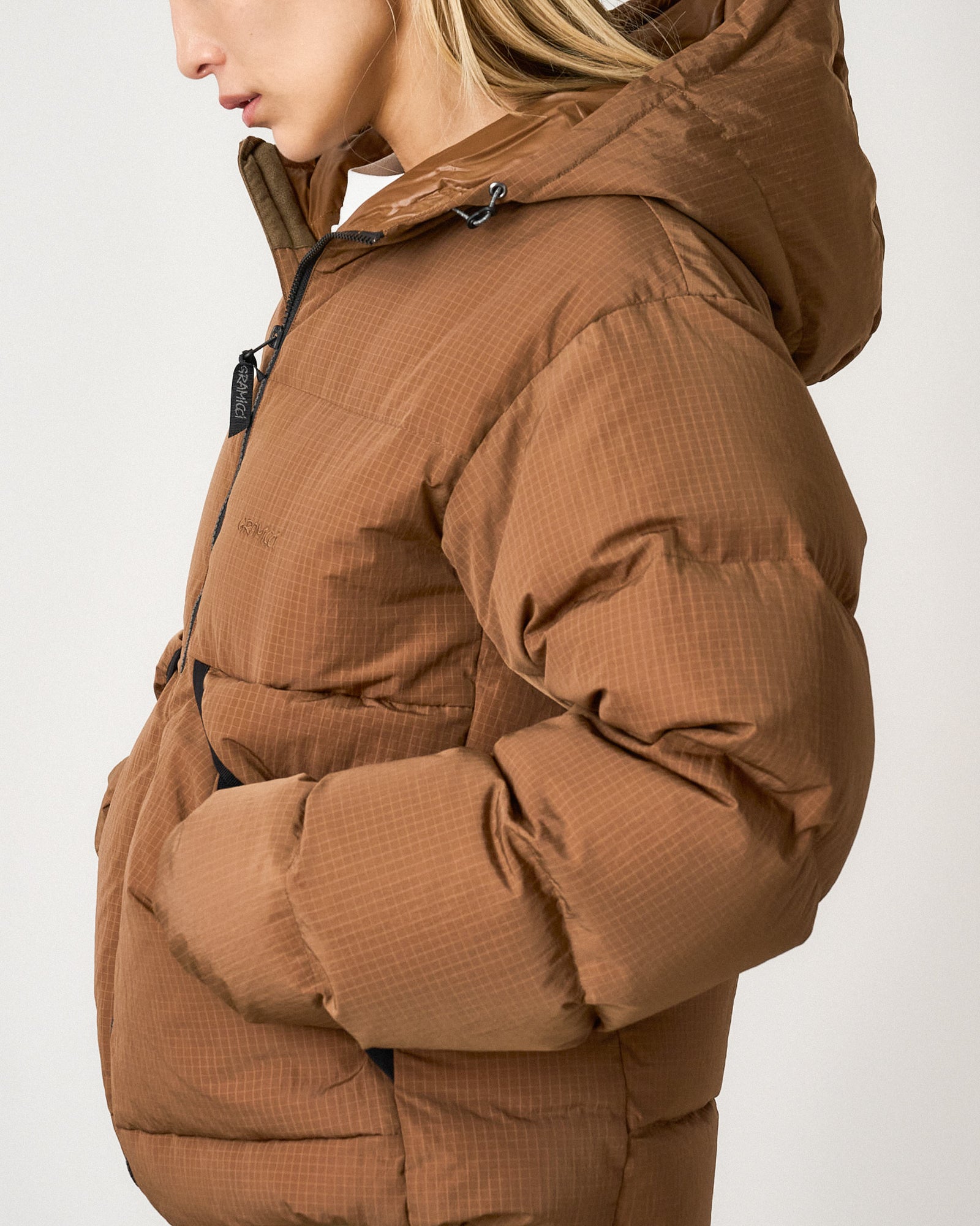 Gramicci Down Puffer Hooded Jacket Brown Puffer Jackets G5FU-J017-Brown Model Detail 2 | Overkill