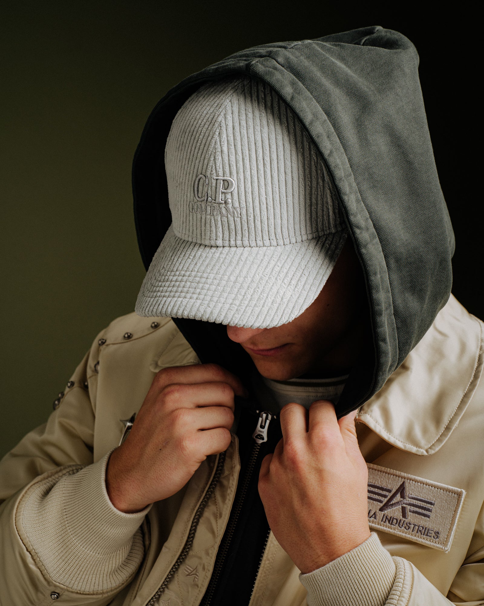 C.P. Company Corduroy 350 Baseball Cap London Fog Caps 19CMAC226A-110472A 331 On Model Front View | Overkill