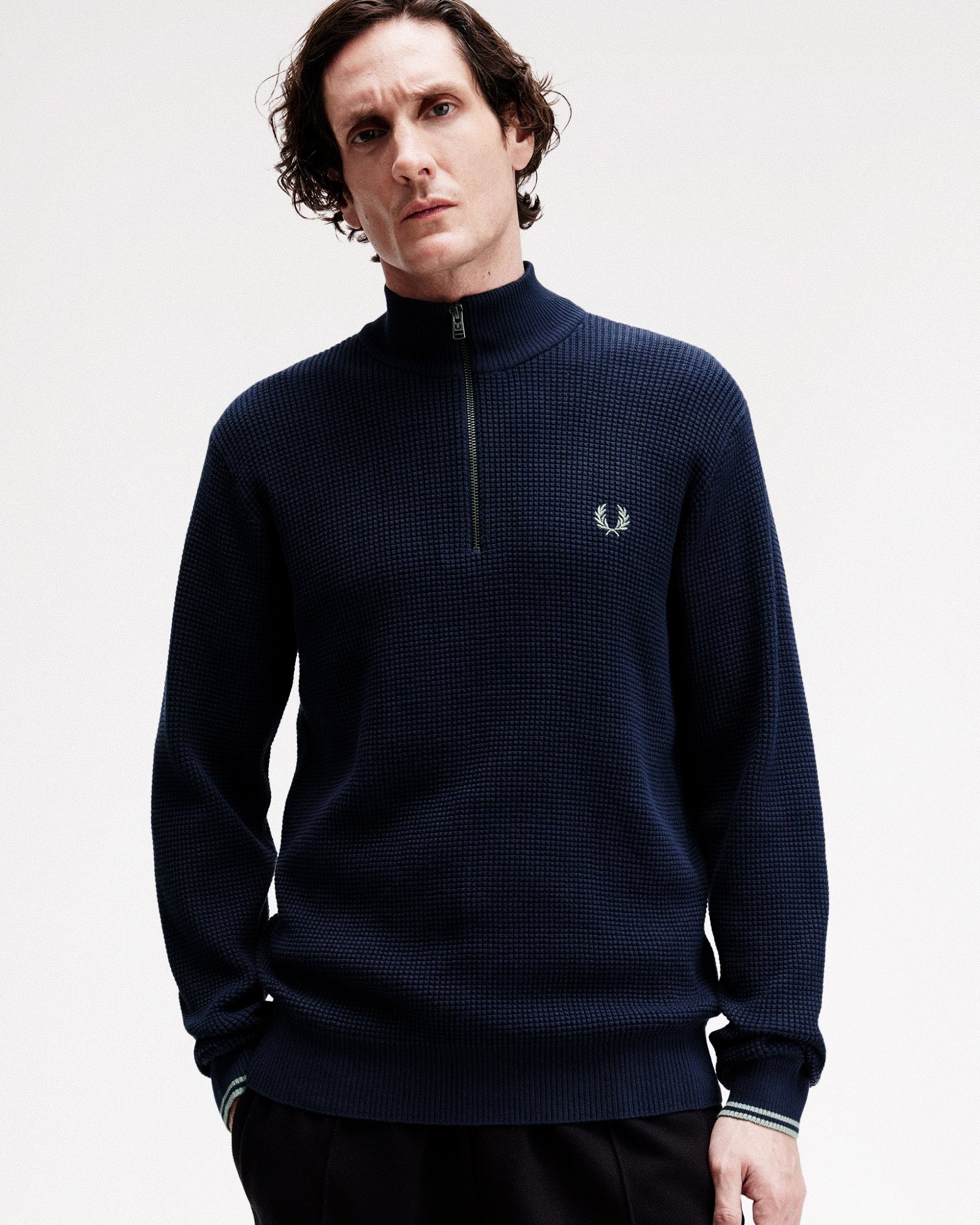 Fred Perry Waffle Stitch Half Zip Jumper Dark Airforce Sweatshirts K8557-738 On Model Front View | Overkill