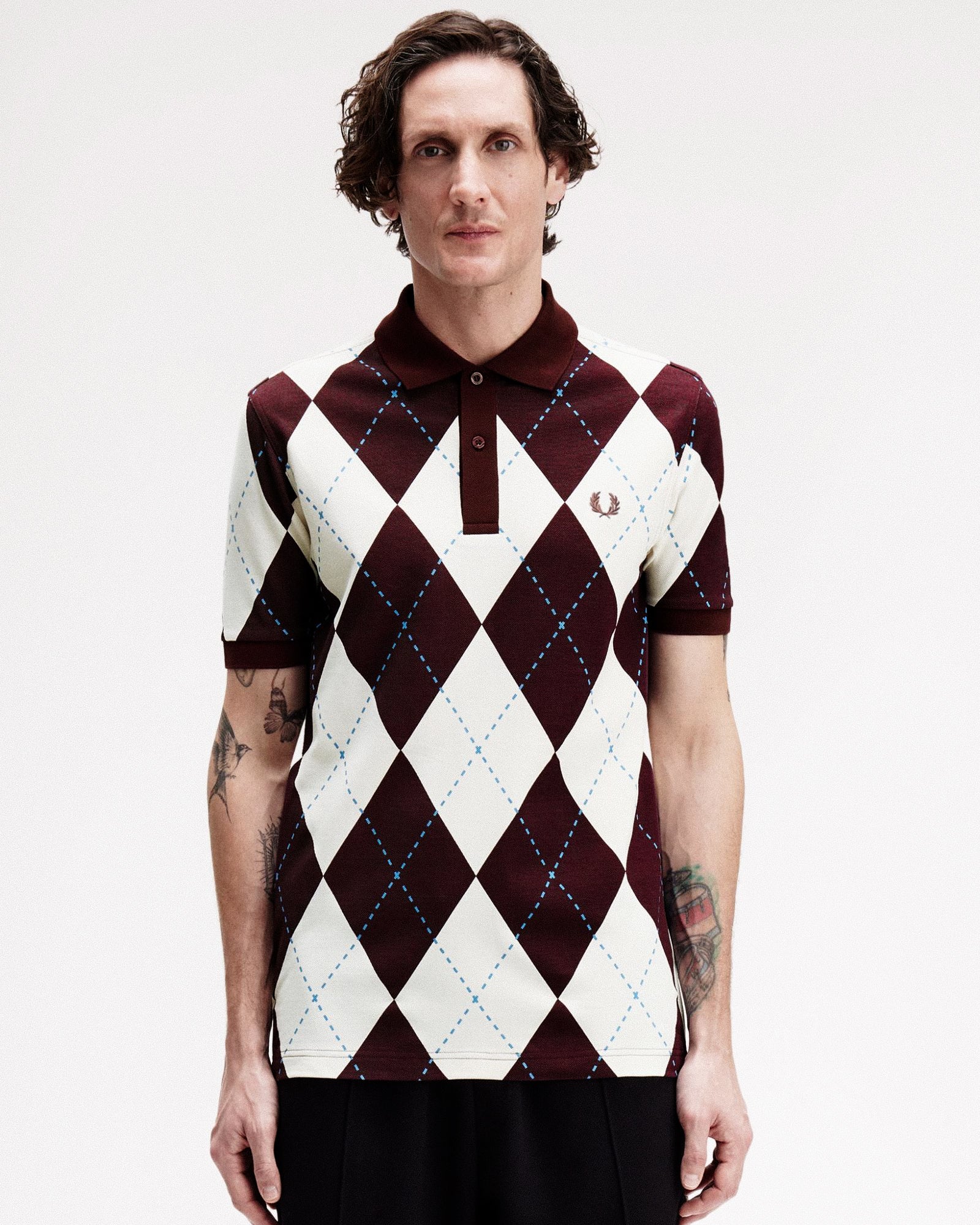 Fred Perry Argyle Print Polo Shirt Ecru / Oxblood Polo Shirts M1628-560 On Model Front View | Overkill