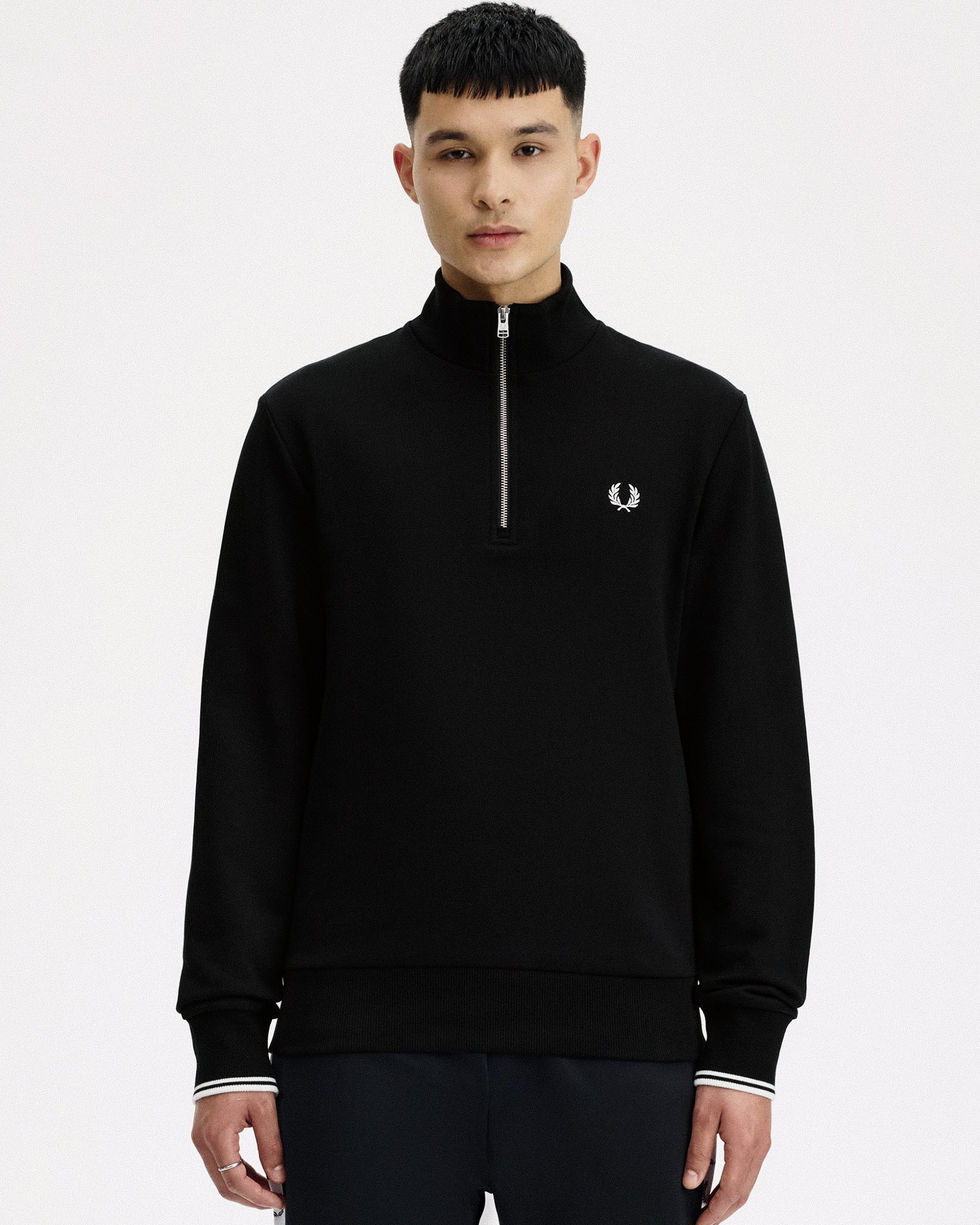 Fred Perry Half Zip Sweatshirt Black / Shadedston Sweatshirts M3574-S77 On Model Front View | Overkill