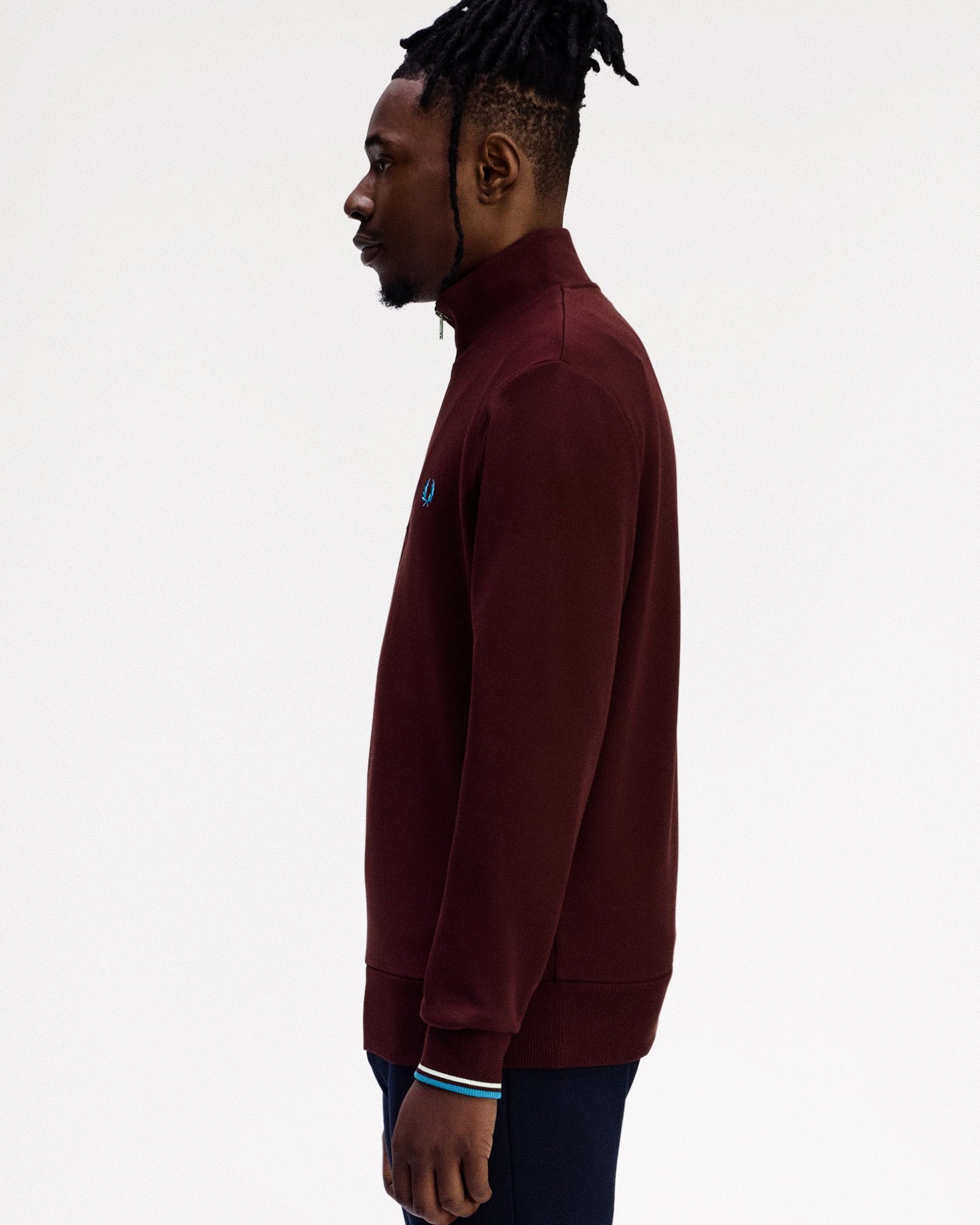 Fred Perry Half Zip Sweatshirt Oxblood / Ecru / Court Blue Sweatshirts M3574-Z63 On Model Back View | Overkill