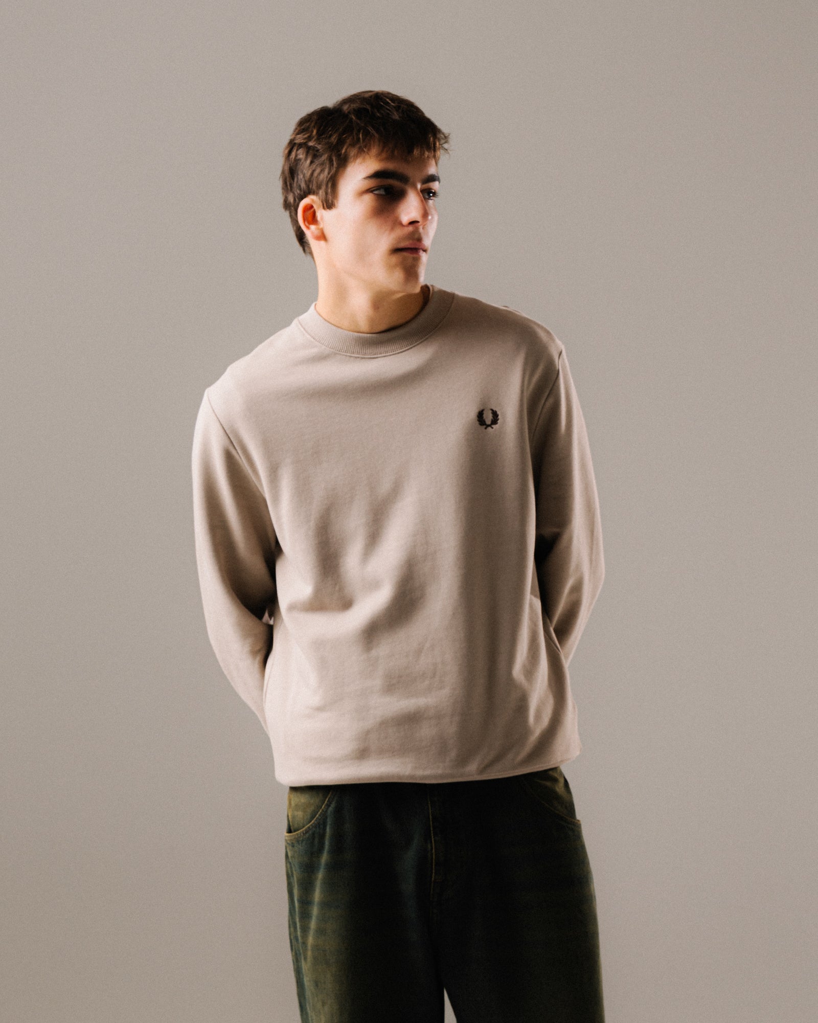 Fred Perry Crew Neck Sweatshirt Warm Oat / Cortege Green / Black To Black Sweatshirts M7535-50A On Model Front View | Overkill