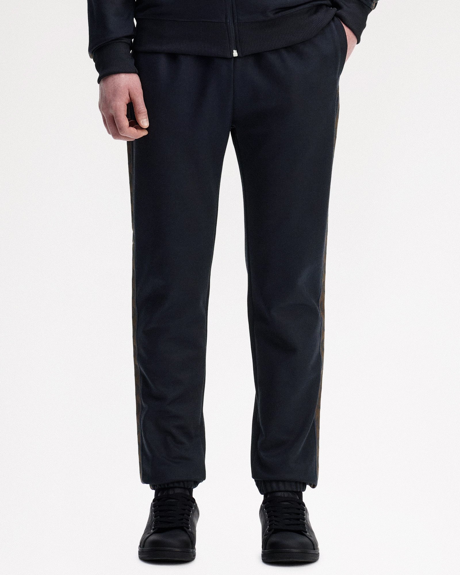 Fred Perry Contrast Tape Track Pant Navy / Burn Tobacco Sweat & Track Pants T5507-40A On Model Front View | Overkill