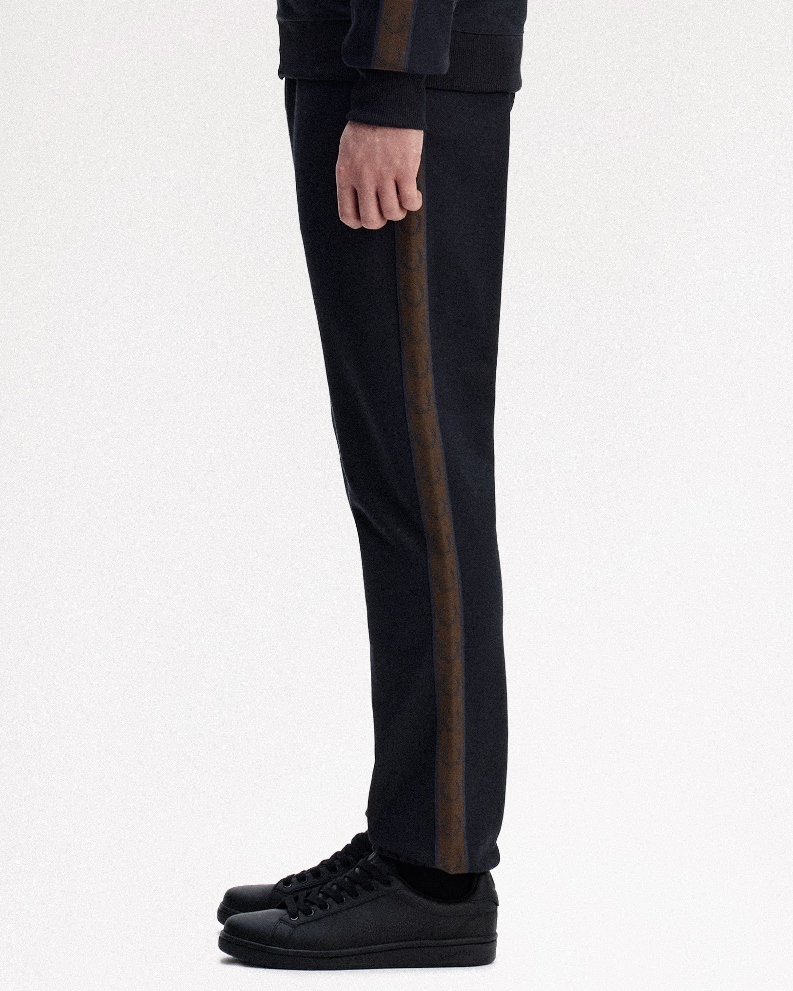 Fred Perry Contrast Tape Track Pant Navy / Burn Tobacco Sweat & Track Pants T5507-40A On Model Back View | Overkill