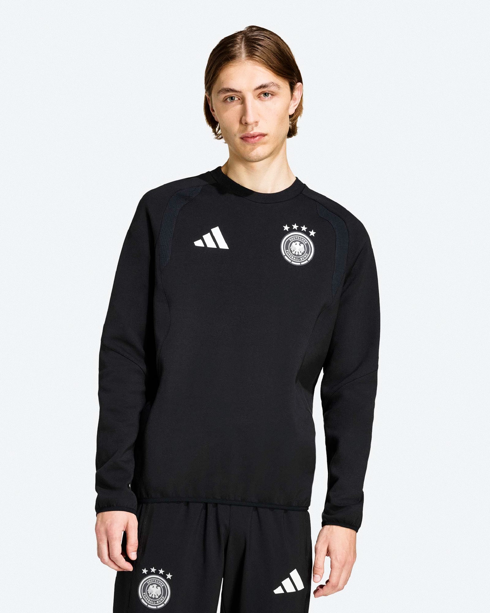 adidas DFB Germany Tiro Travel Crew Black Sweatshirts JZ9328 On Model Front View | Overkill