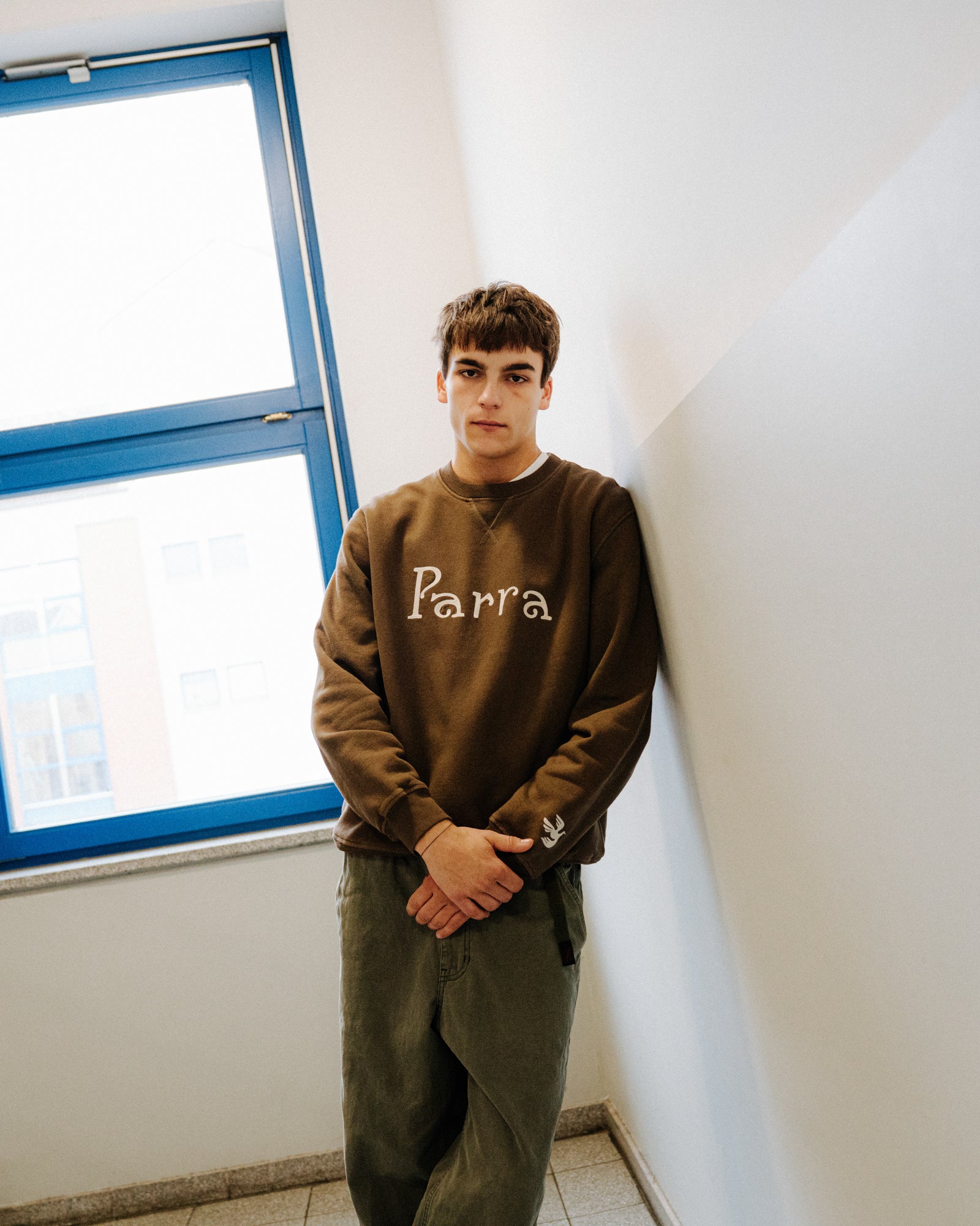Parra Weird Trad Logo Crew Neck Sweatshirt Brown Sweatshirts 54321 On Model Front View | Overkill