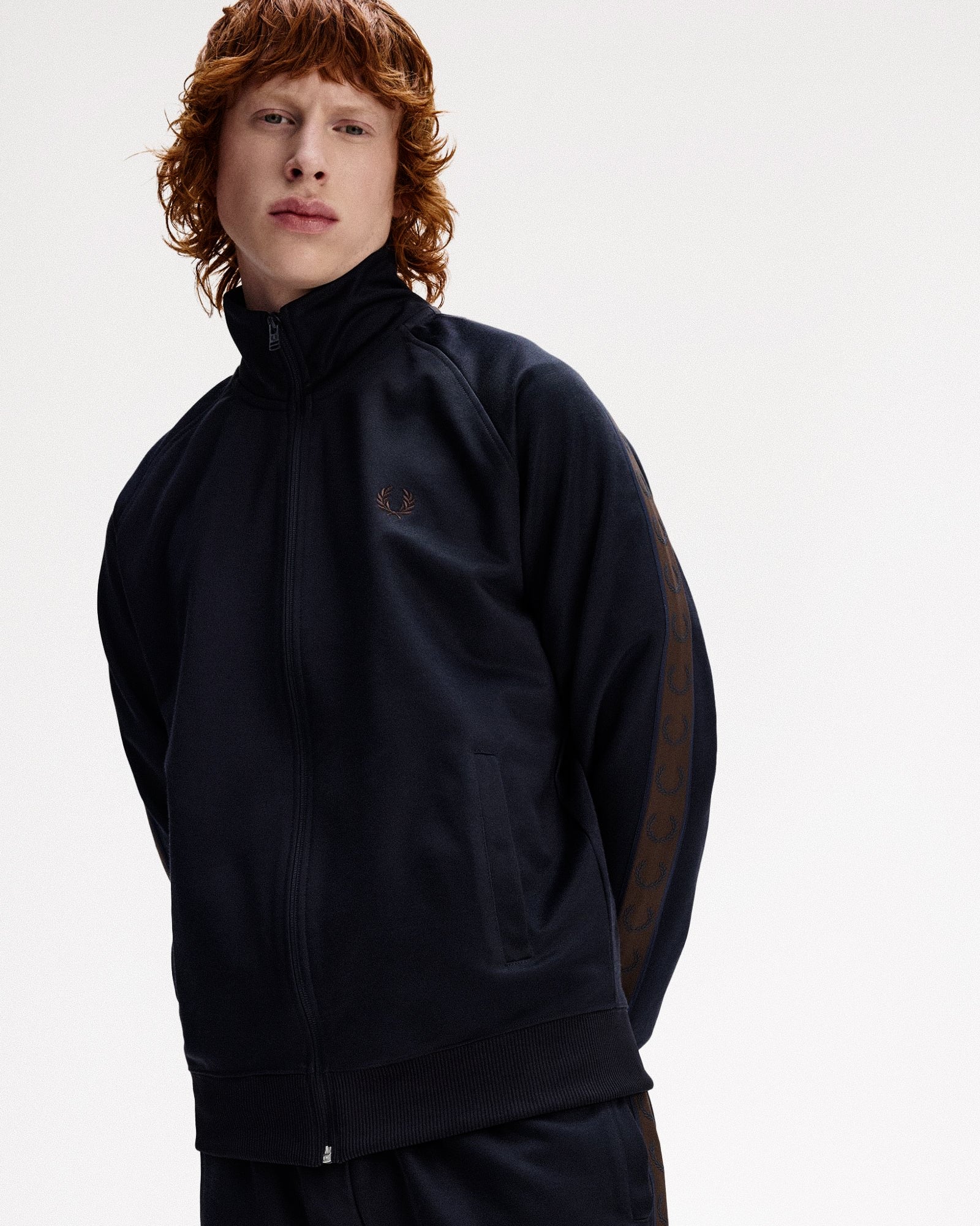 Fred Perry Contrast Tape Track Jacket Navy / Burn Tobacco Track Jackets J5557-40A On Model Front View | Overkill