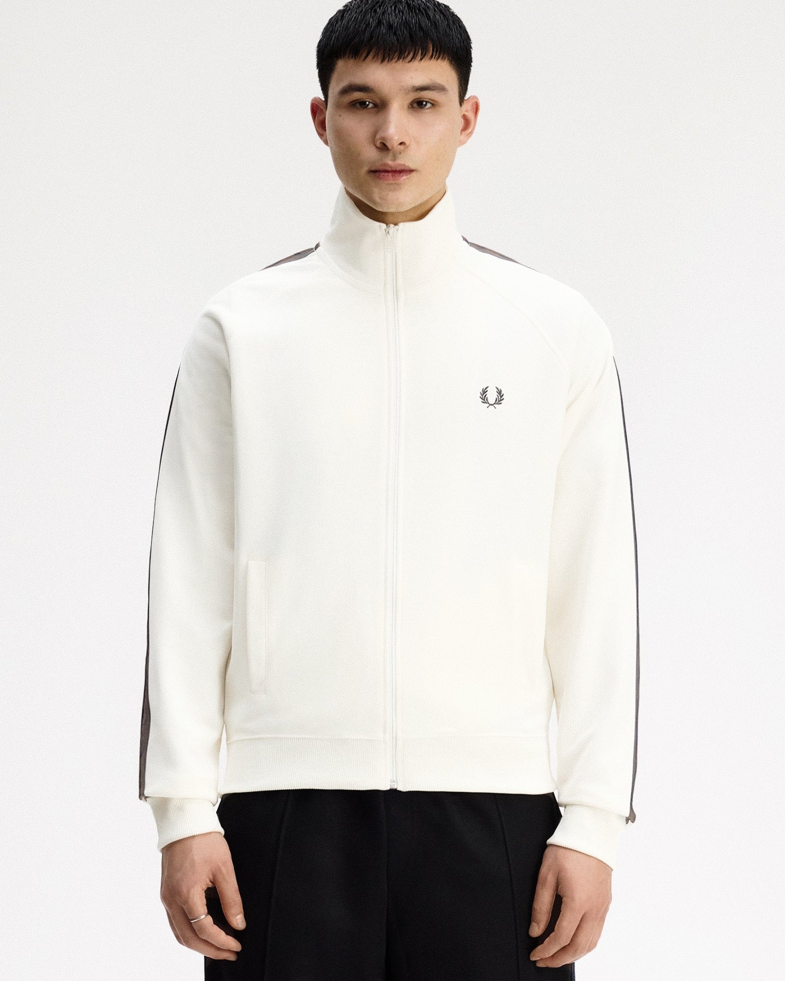 Fred Perry Contrast Tape Track Jacket Ecru / Burnt Tobacco Track Jackets J5557-42A On Model Front View | Overkill