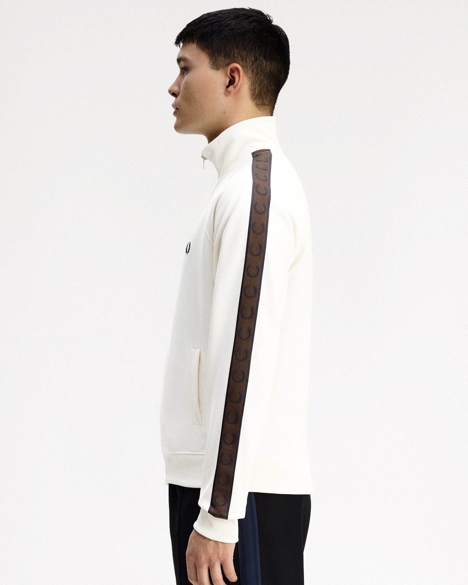 Fred Perry Contrast Tape Track Jacket Ecru / Burnt Tobacco Track Jackets J5557-42A On Model Back View | Overkill