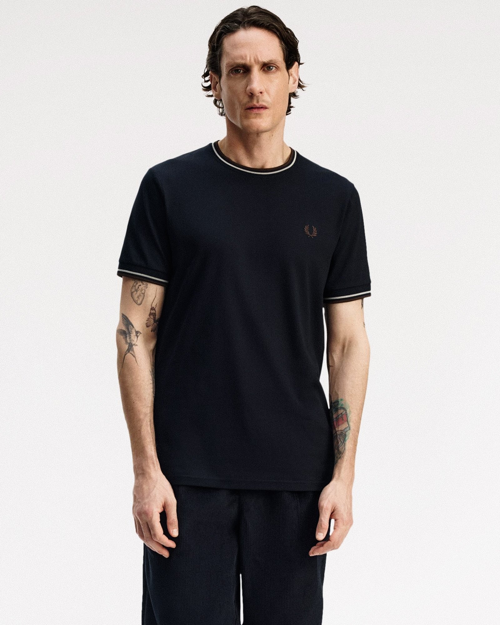 Fred Perry Twin Tipped T-Shirt Navy / Warm Oat / Burnt Tobacco T-Shirts M1588V-52A On Model Front View | Overkill