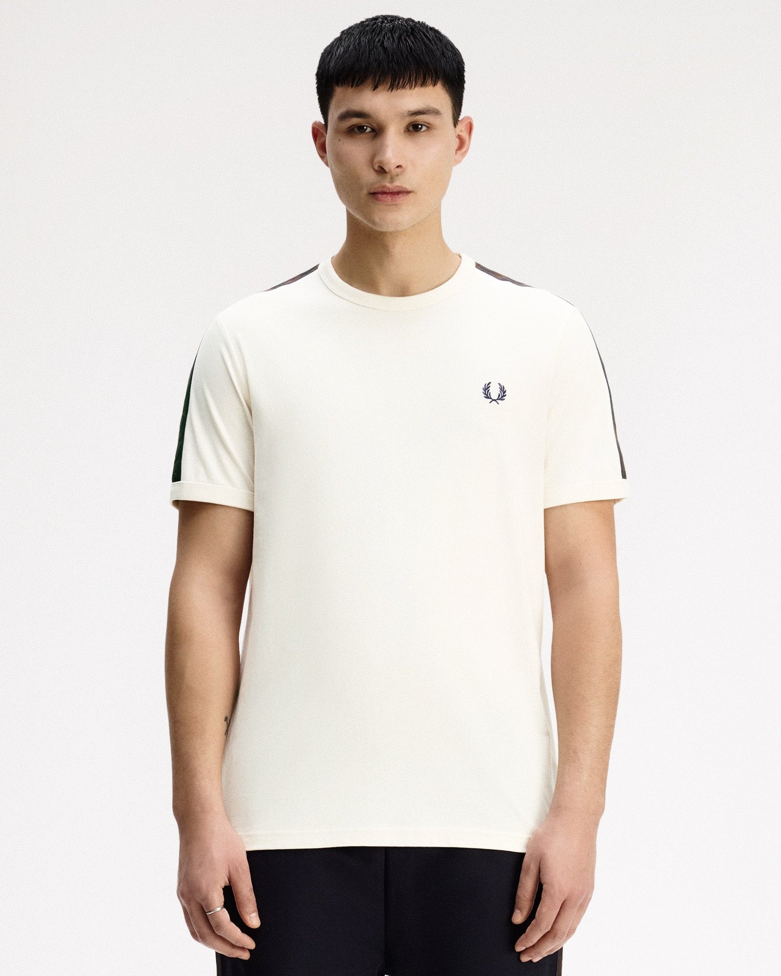 Fred Perry Contrast Tape Ringer T-Shirt Ecru / Burnt Tobacco T-Shirts M4613-42A On Model Front View | Overkill
