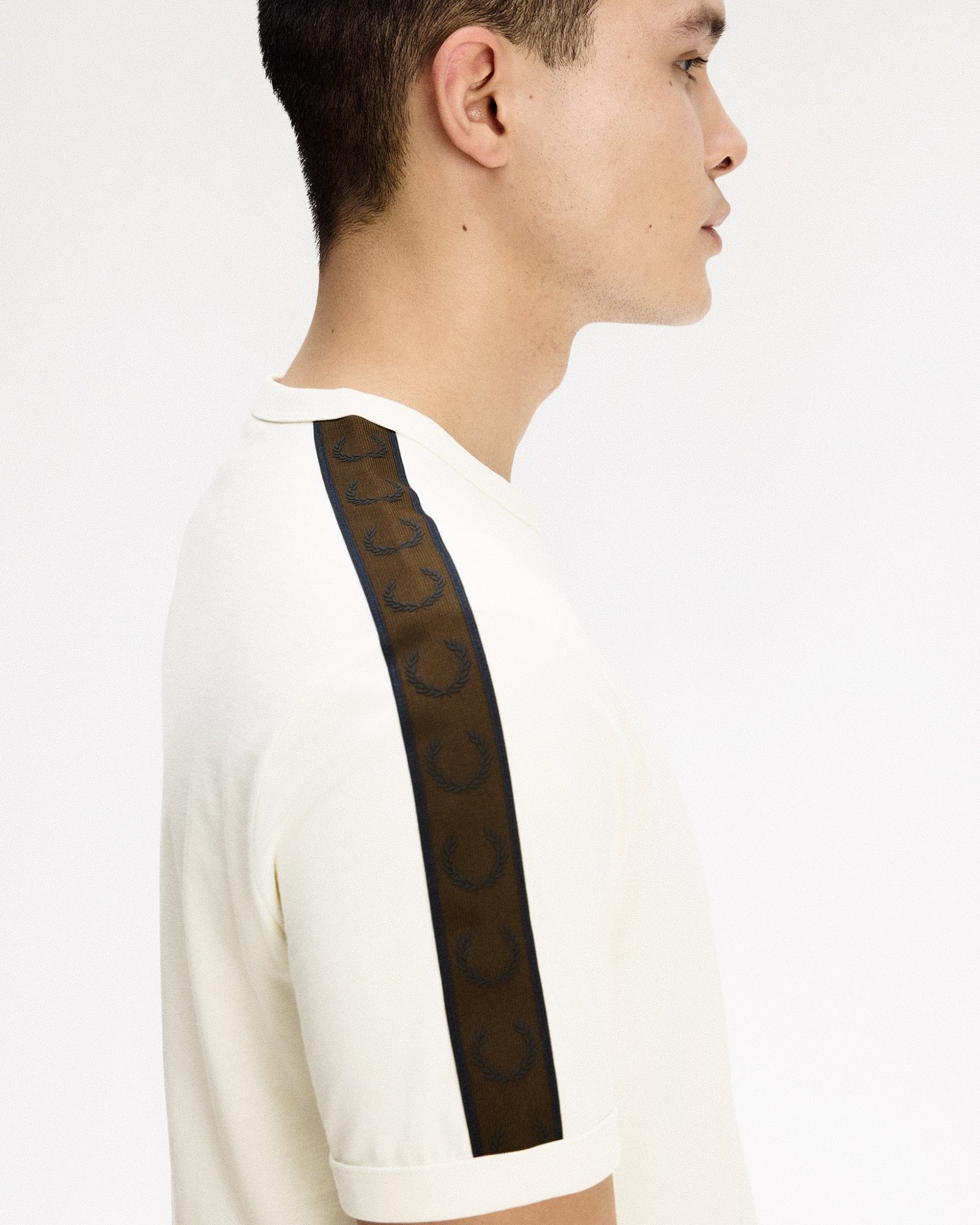 Fred Perry Contrast Tape Ringer T-Shirt Ecru / Burnt Tobacco T-Shirts M4613-42A On Model Back View | Overkill
