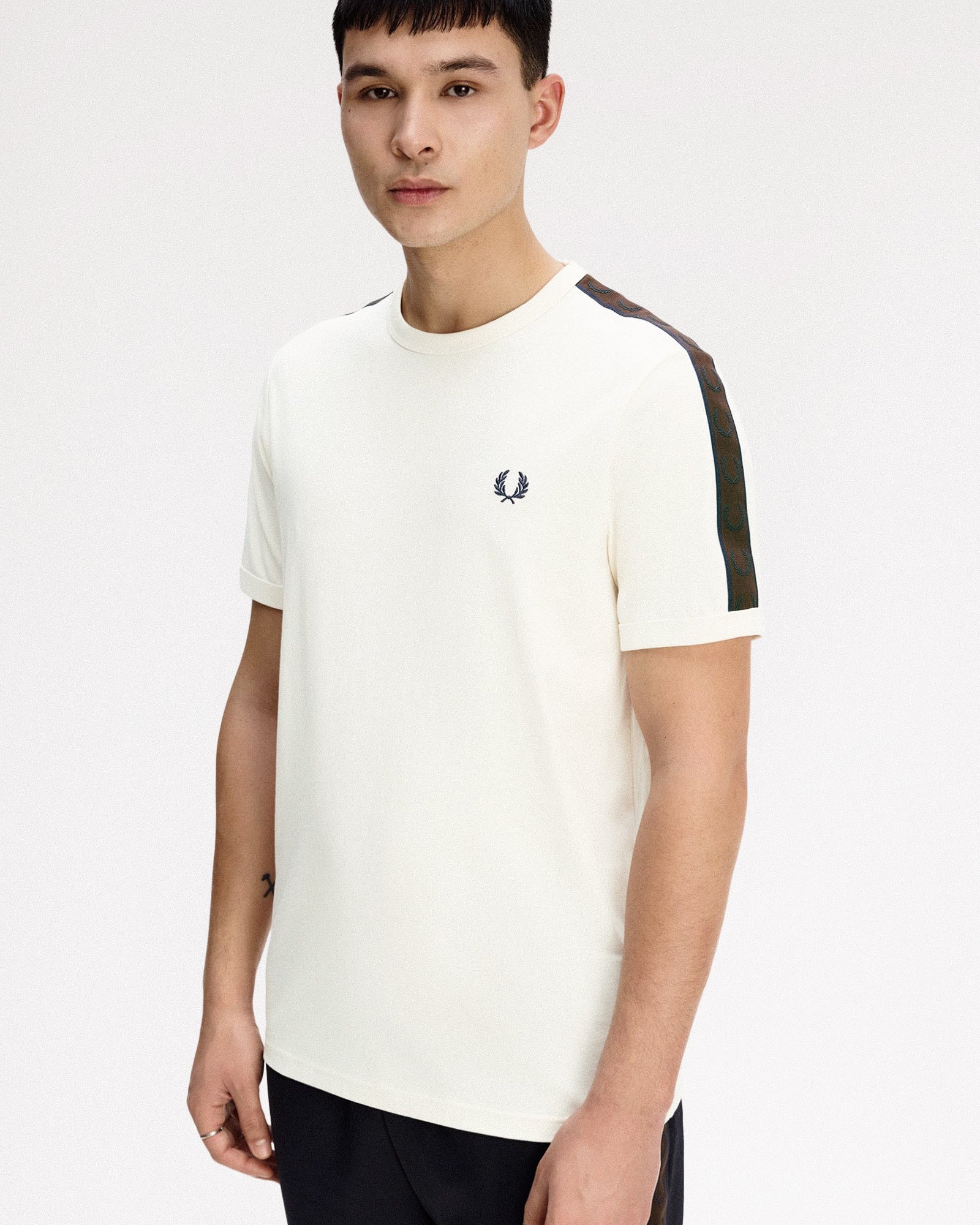Fred Perry Contrast Tape Ringer T-Shirt Ecru / Burnt Tobacco T-Shirts M4613-42A Style Inspiration | Overkill