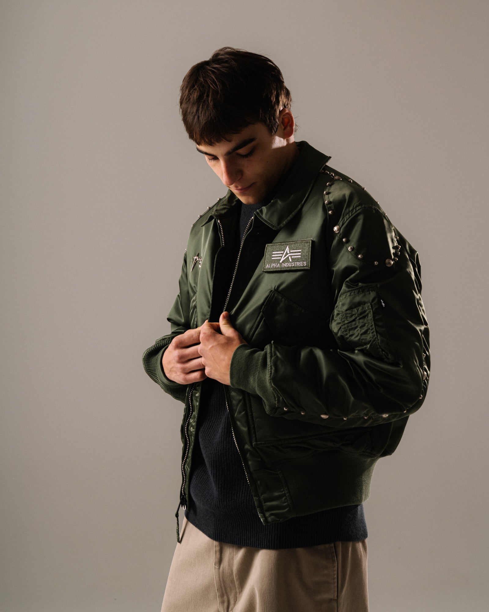 Alpha Industries CWU-45P Rivet Edition Sage Green Bomber & Varsity Jackets 258150-01 On Model Front View | Overkill