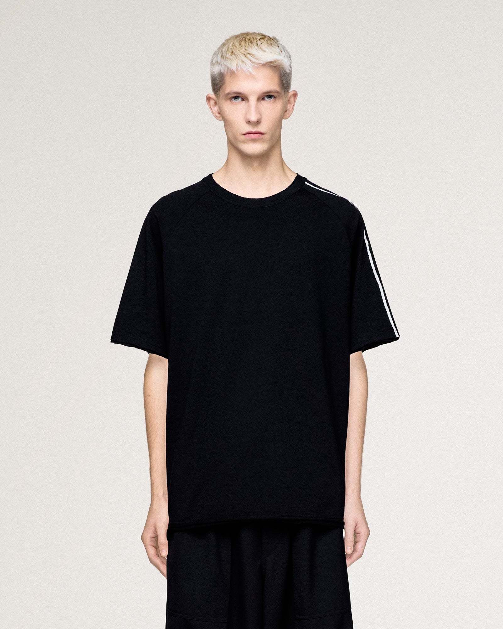 Y-3 Raw Edge 3 Stripes SS Tee Black T-Shirts KQ9793 On Model Front View | Overkill