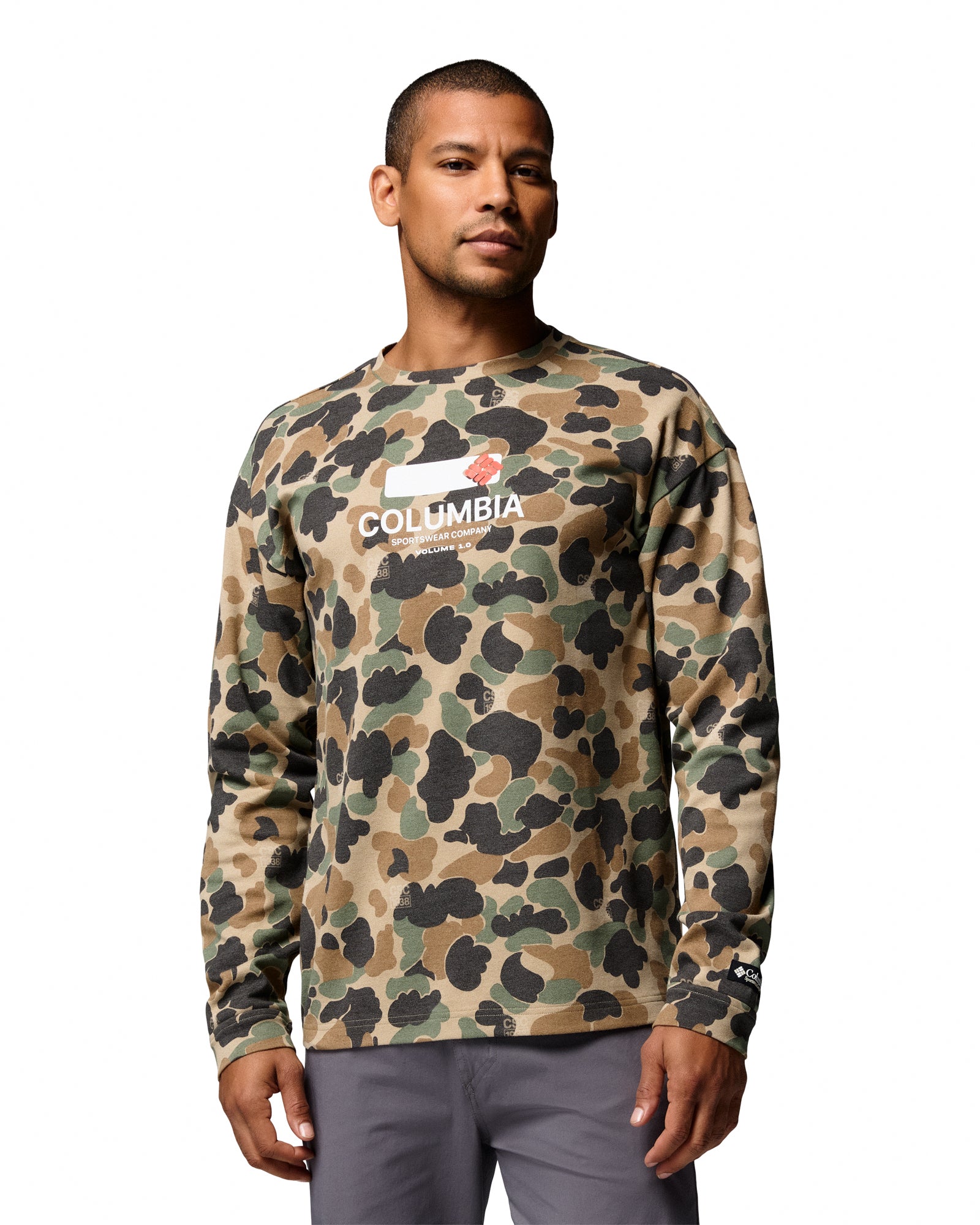 Columbia CSC1938™ V1 Printed Long Sleeve Tee British Tan Duck Camo Longsleeves XM9621-265 On Model Front View | Overkill