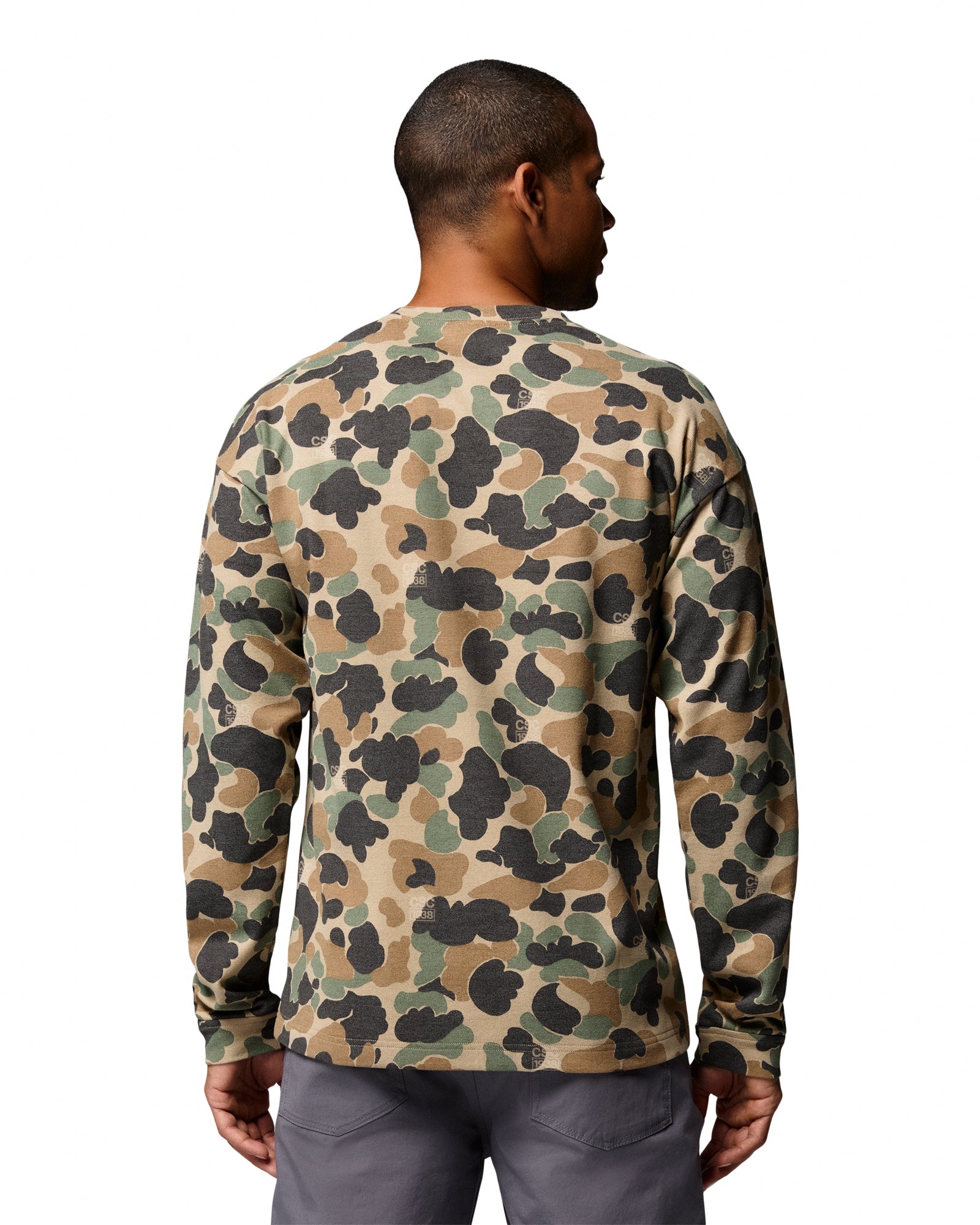 Columbia CSC1938™ V1 Printed Long Sleeve Tee British Tan Duck Camo Longsleeves XM9621-265 On Model Back View | Overkill