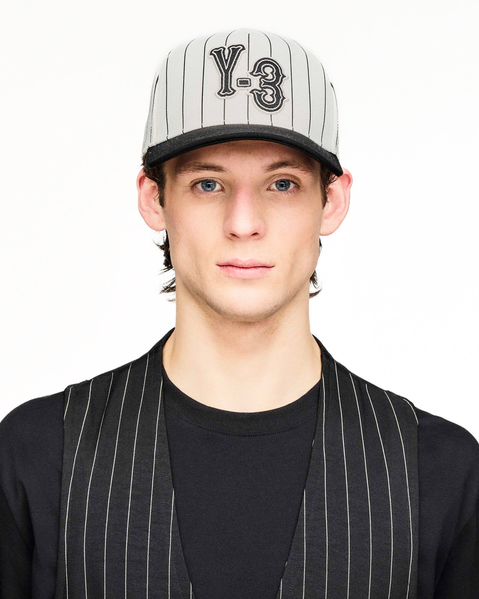 Y-3 Pinstripe Cap Chalk White Caps KR8937 On Model Front View | Overkill