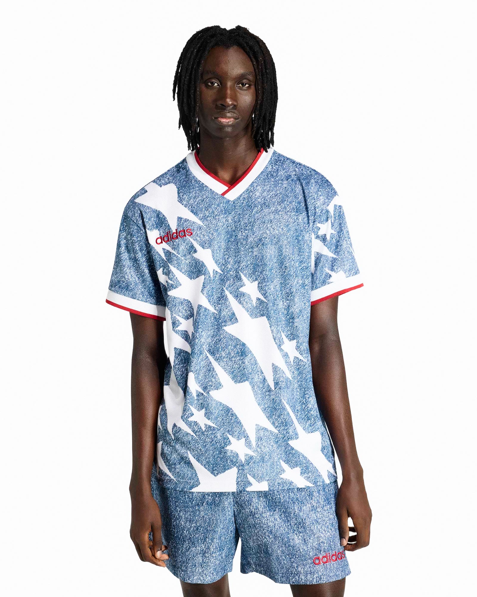adidas Denim Graphic Jersey White / Dark Blue T-Shirts KB2726 On Model Front View | Overkill