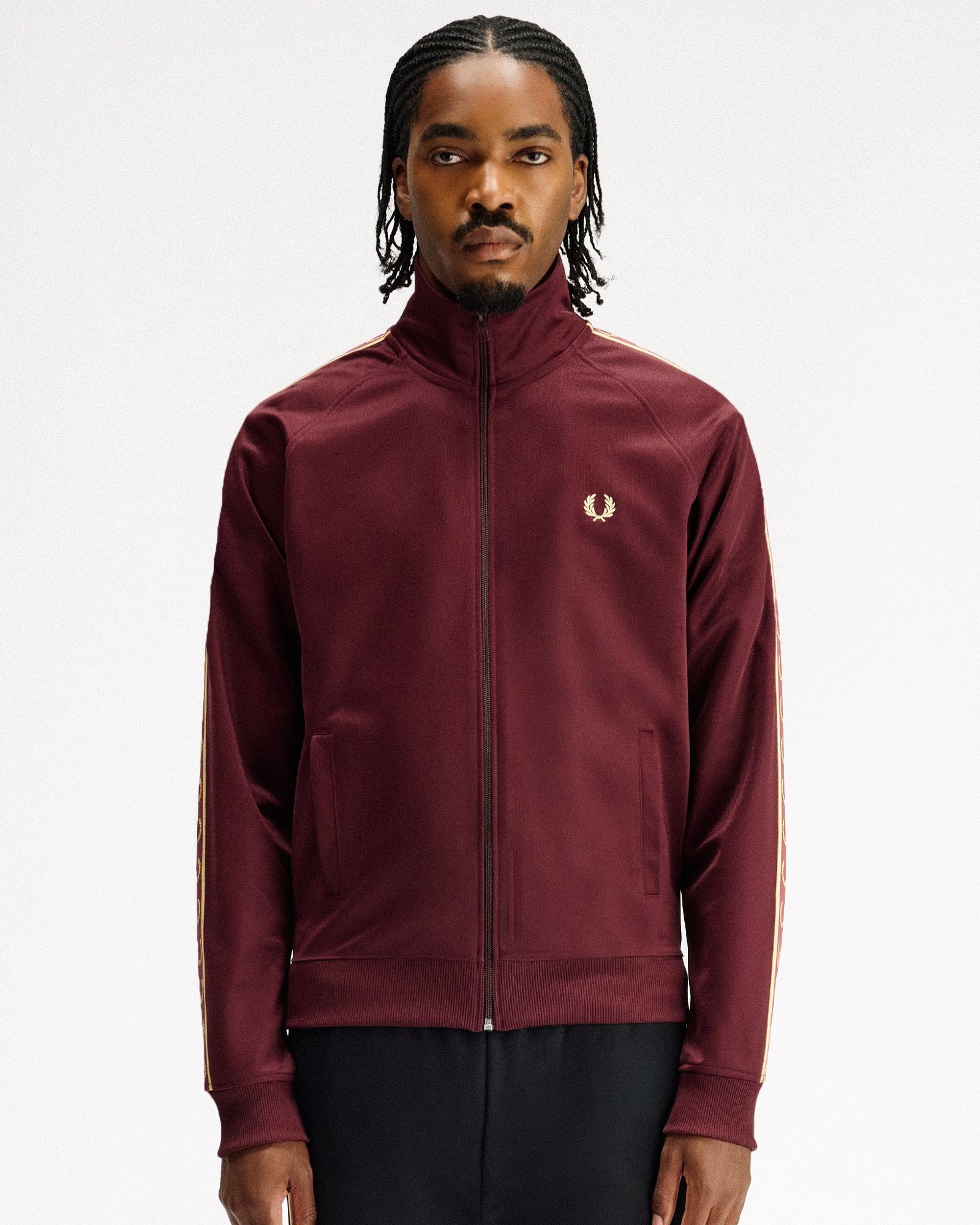 Fred Perry Contrast Tape Track Jacket Oxblood / Champagne Track Jackets J5557-69A On Model Front View | Overkill