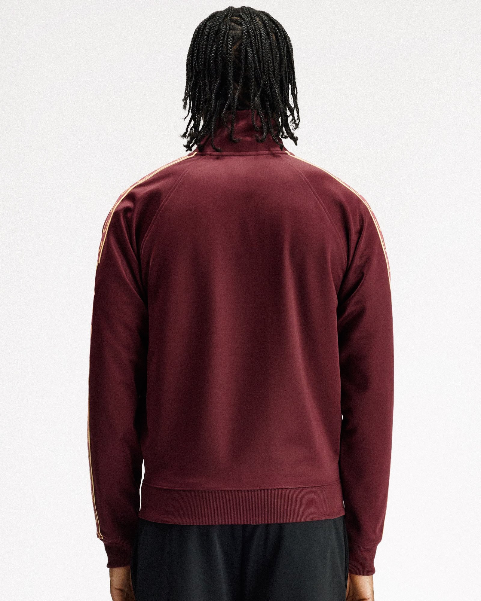 Fred Perry Contrast Tape Track Jacket Oxblood / Champagne Track Jackets J5557-69A On Model Back View | Overkill