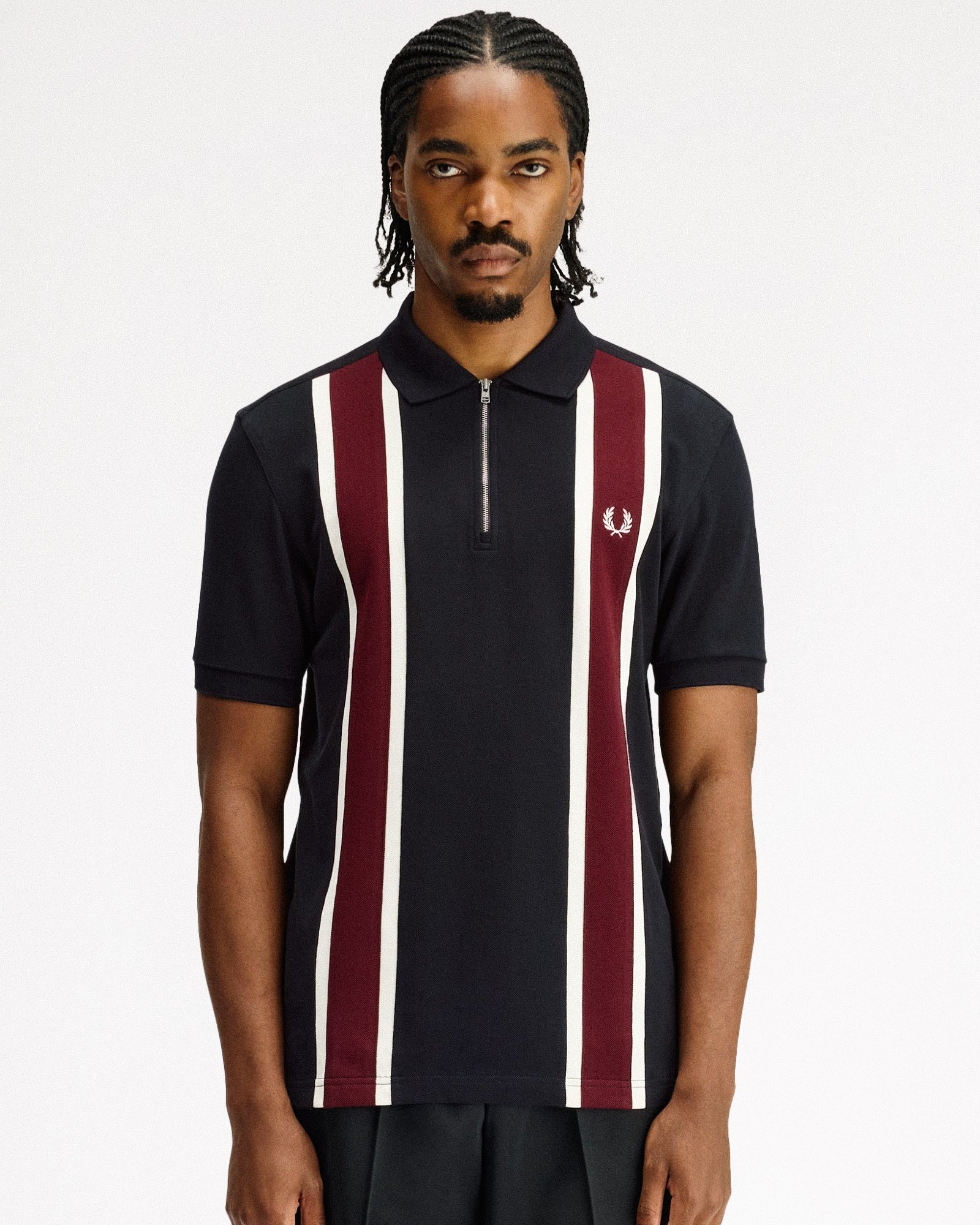 Fred Perry Tramline Polo Shirt Black Polo Shirts M2420-102 On Model Front View | Overkill
