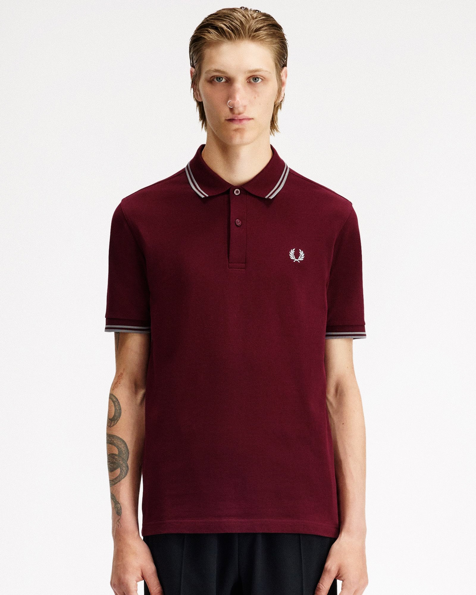 Fred Perry Twin Tipped Fred Perry Shirt Oxblood / Stockport Blue Polo Shirts M3600-08B On Model Front View | Overkill