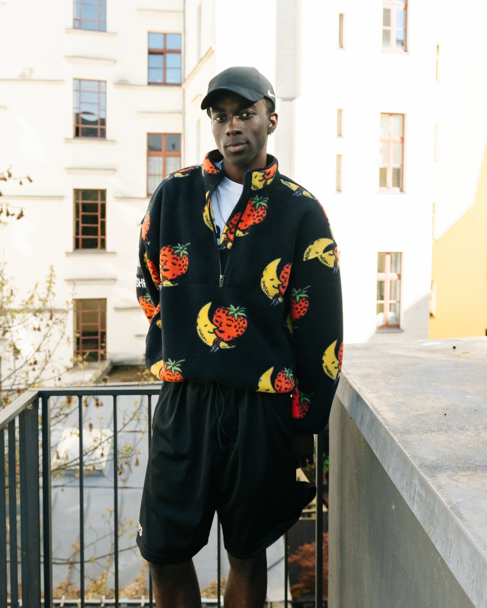 SHF x The North Face Half-Zip Fleece Jacket TNF Black / Strawberry Moon Print Fleece Jackets NF0A8HNBNY1 On Model Front View | Overkill