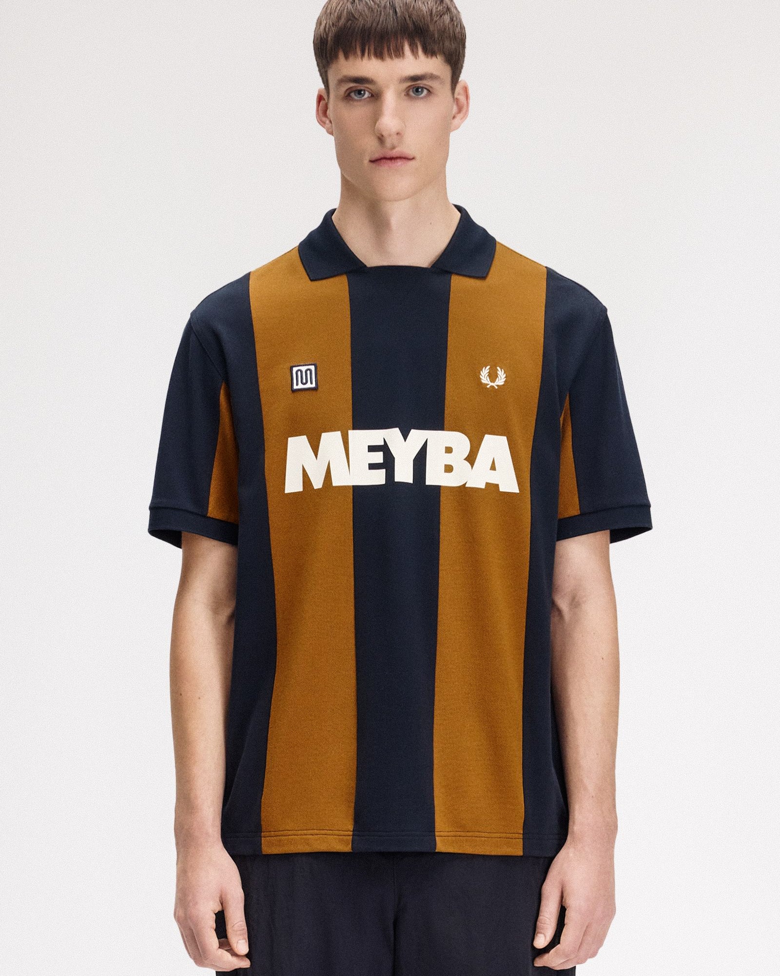 Fred Perry Meyba Cut And Sew Polo Shirt Navy Polo Shirts SM2160-608 On Model Front View | Overkill