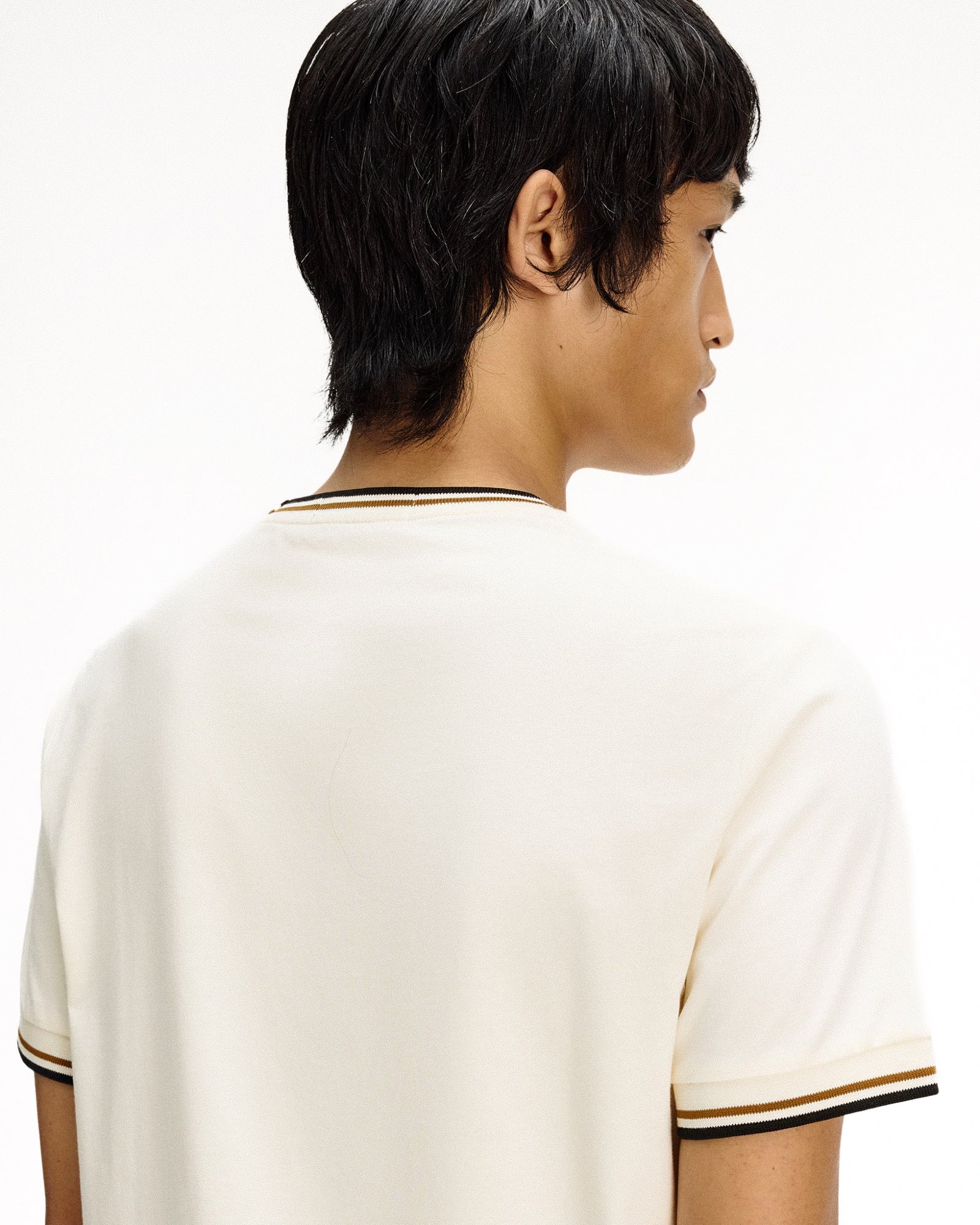 Fred Perry Twin Tipped T-Shirt Ecru / Dark Caramel / Black T-Shirts M1588V-79B On Model Back View | Overkill