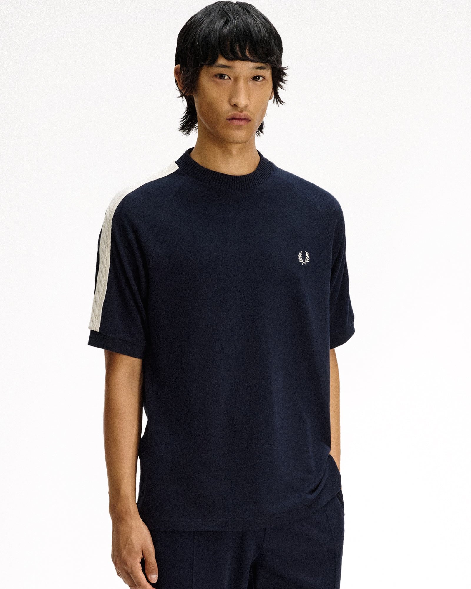 Fred Perry Cable Taped T-Shirt Navy T-Shirts M2499-608 On Model Front View | Overkill