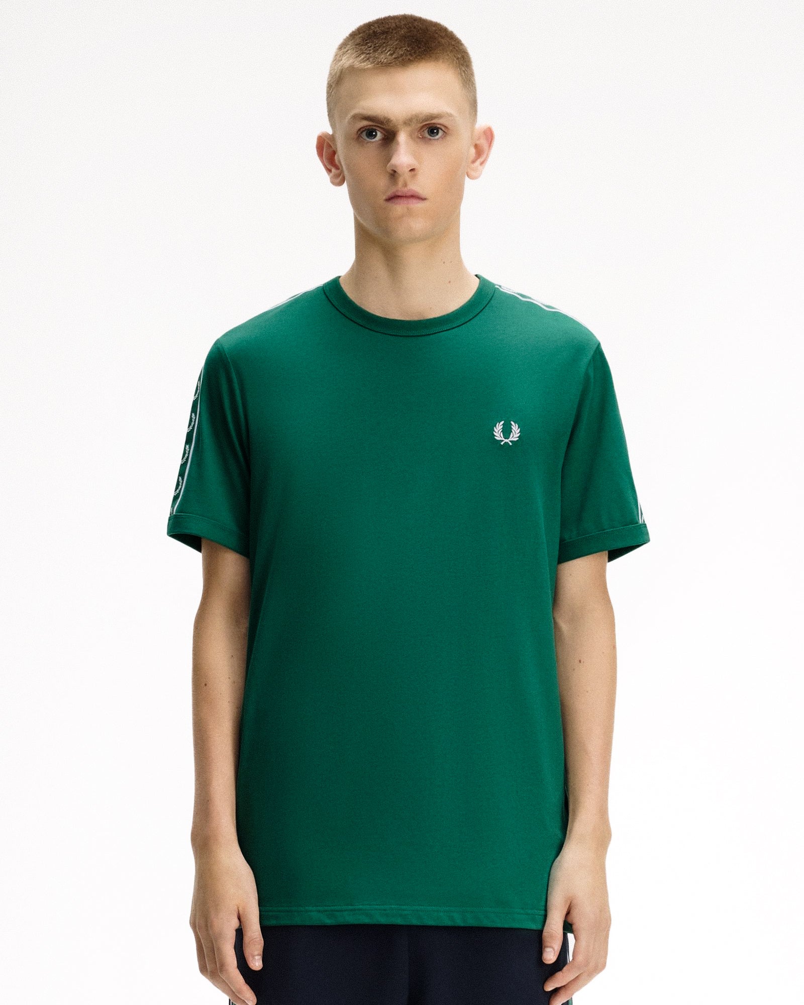 Fred Perry Contrast Tape Ringer T-Shirt Sport Green T-Shirts M4613-Z18 On Model Front View | Overkill
