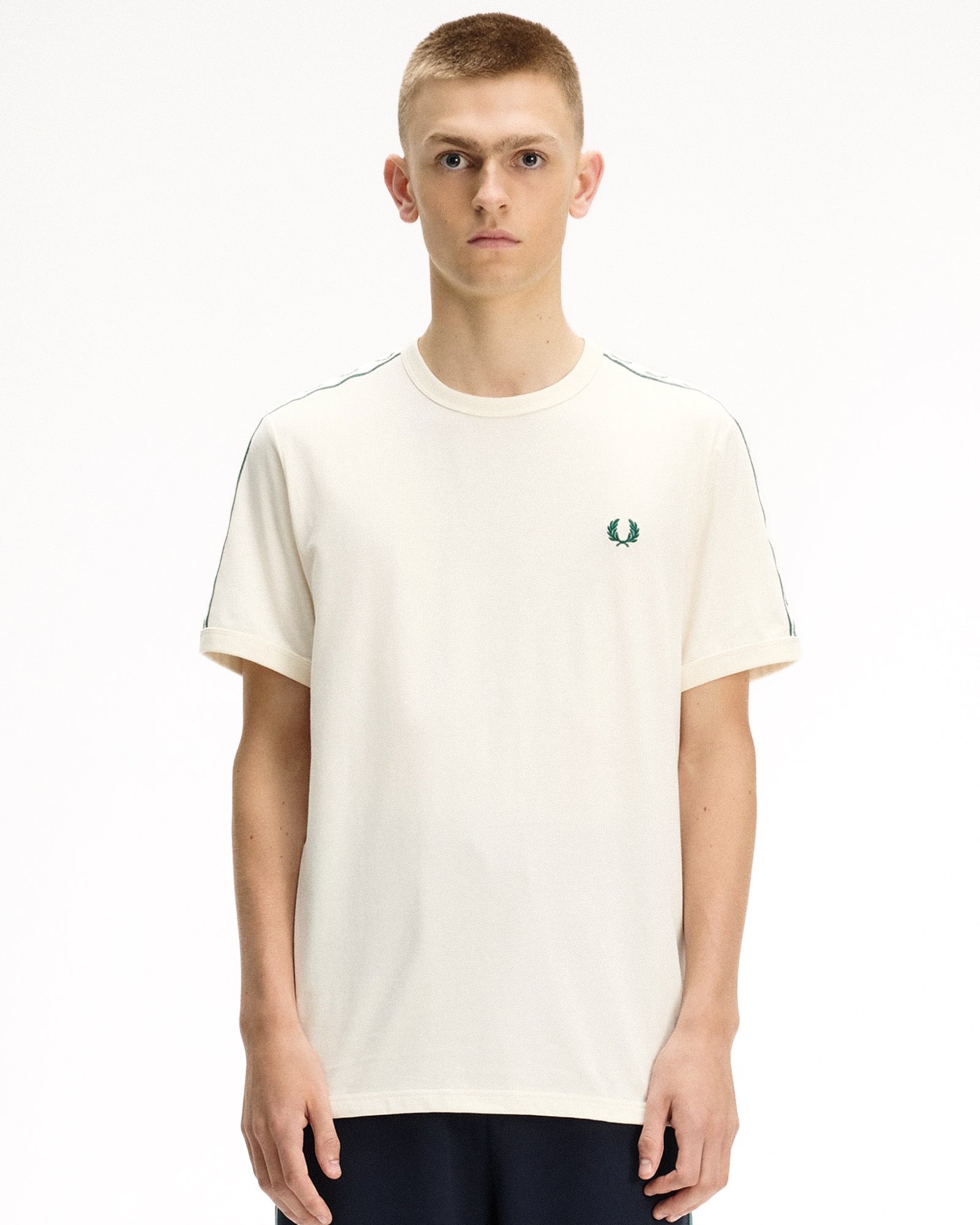 Fred Perry Contrast Tape Ringer T-Shirt Ecru T-Shirts M4613-560 On Model Front View | Overkill