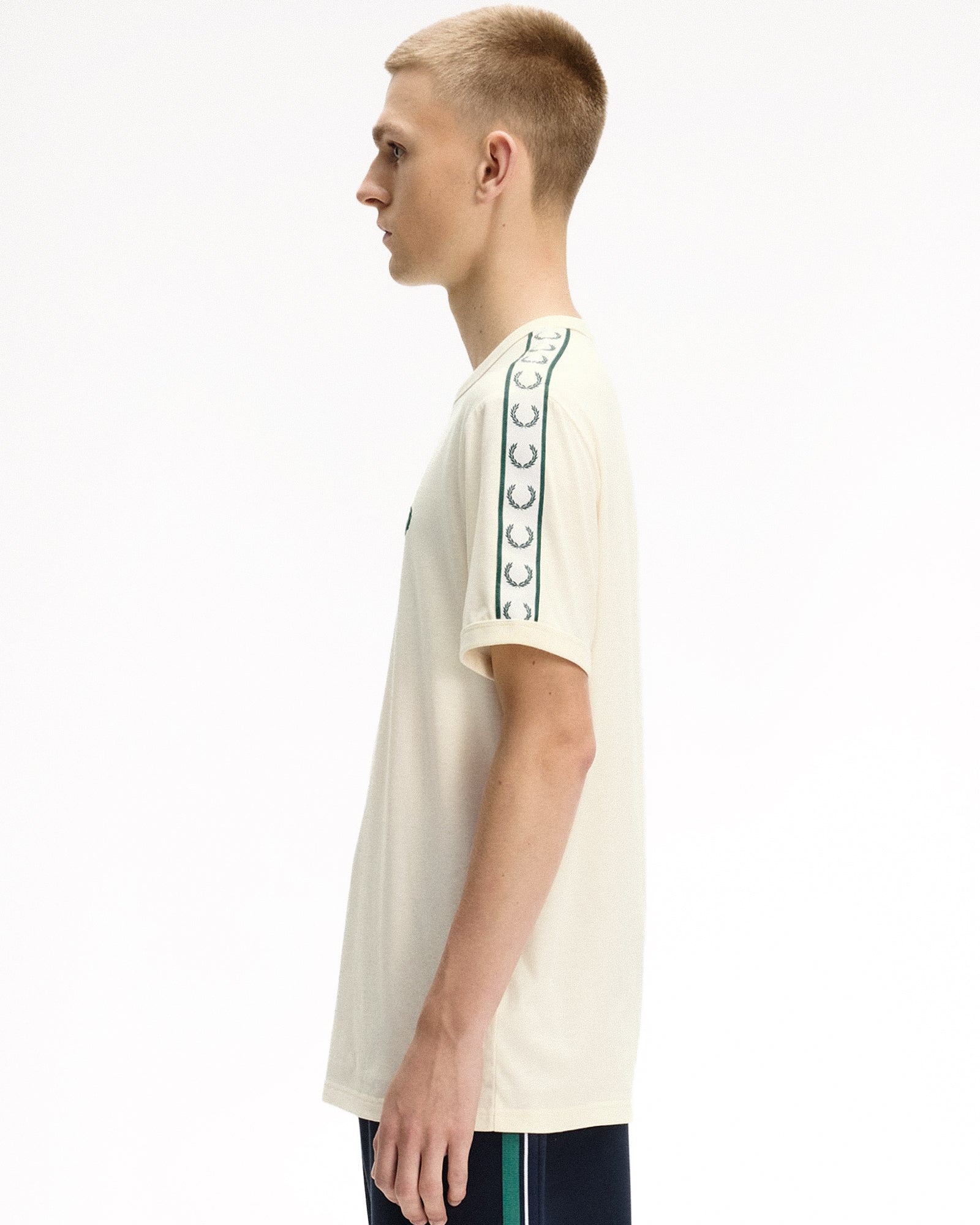 Fred Perry Contrast Tape Ringer T-Shirt Ecru T-Shirts M4613-560 On Model Back View | Overkill