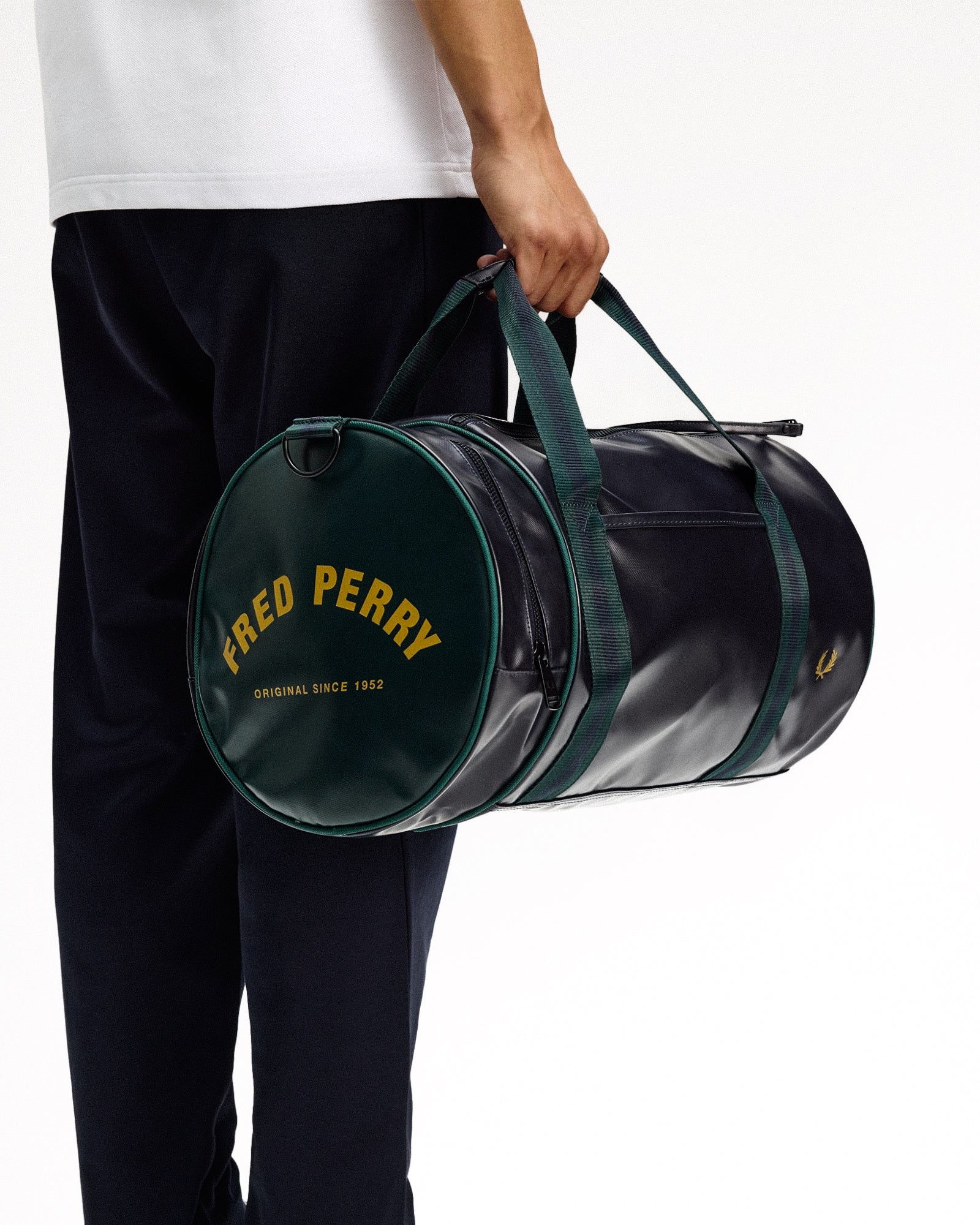 Fred Perry Classic Barrel Bag Navy / Grassroots Duffle Bags L7255-83A On Model View 2 | Overkill