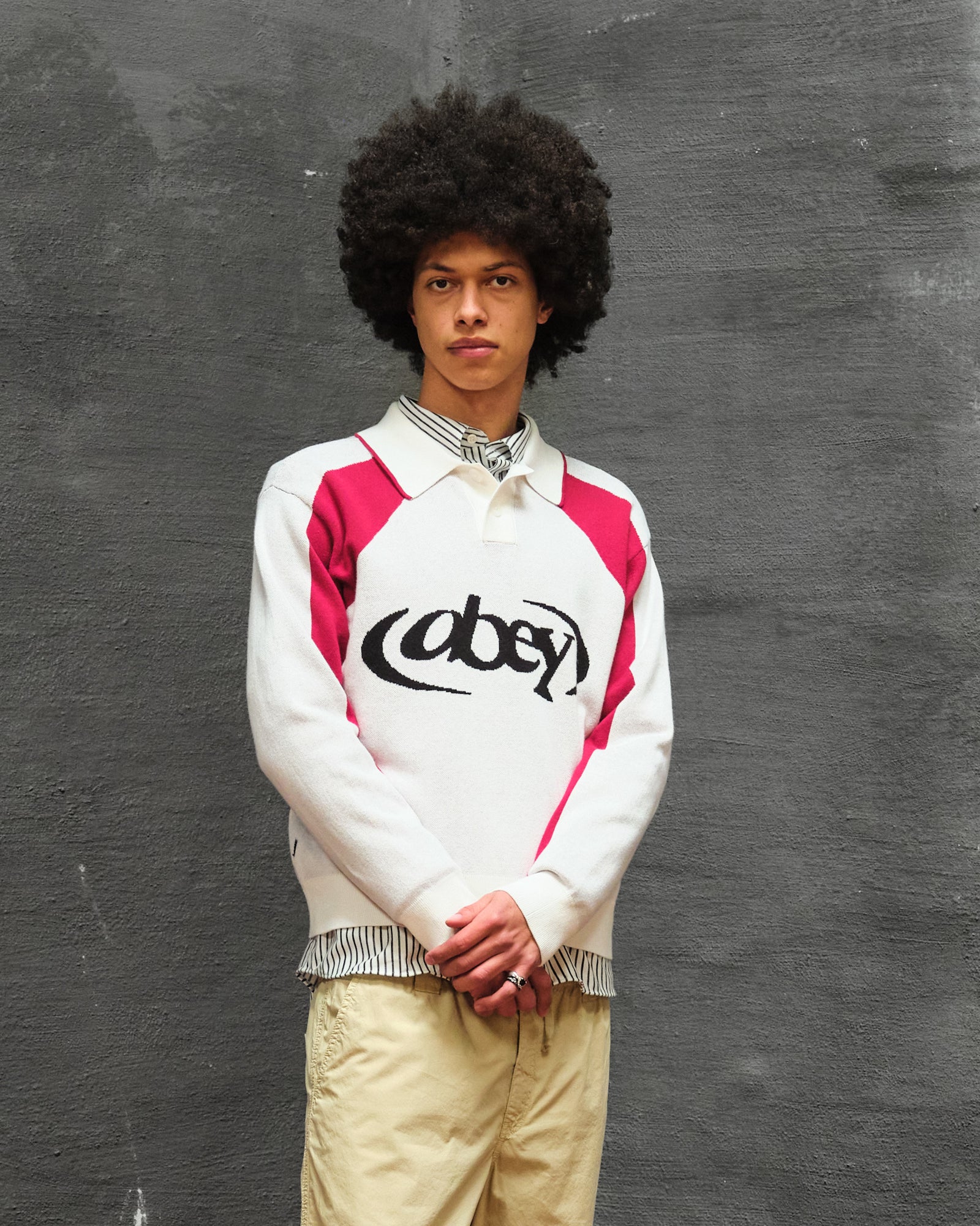 Obey Soccer Polo Sweater White Multi Sweatshirts Close-up | Overkill