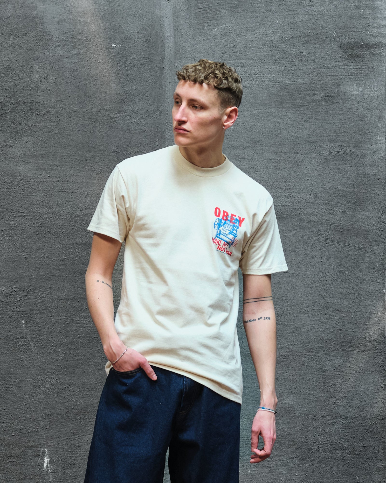 Obey Printing Press Make Art T-Shirt Cream T-Shirts Close-up | Overkill