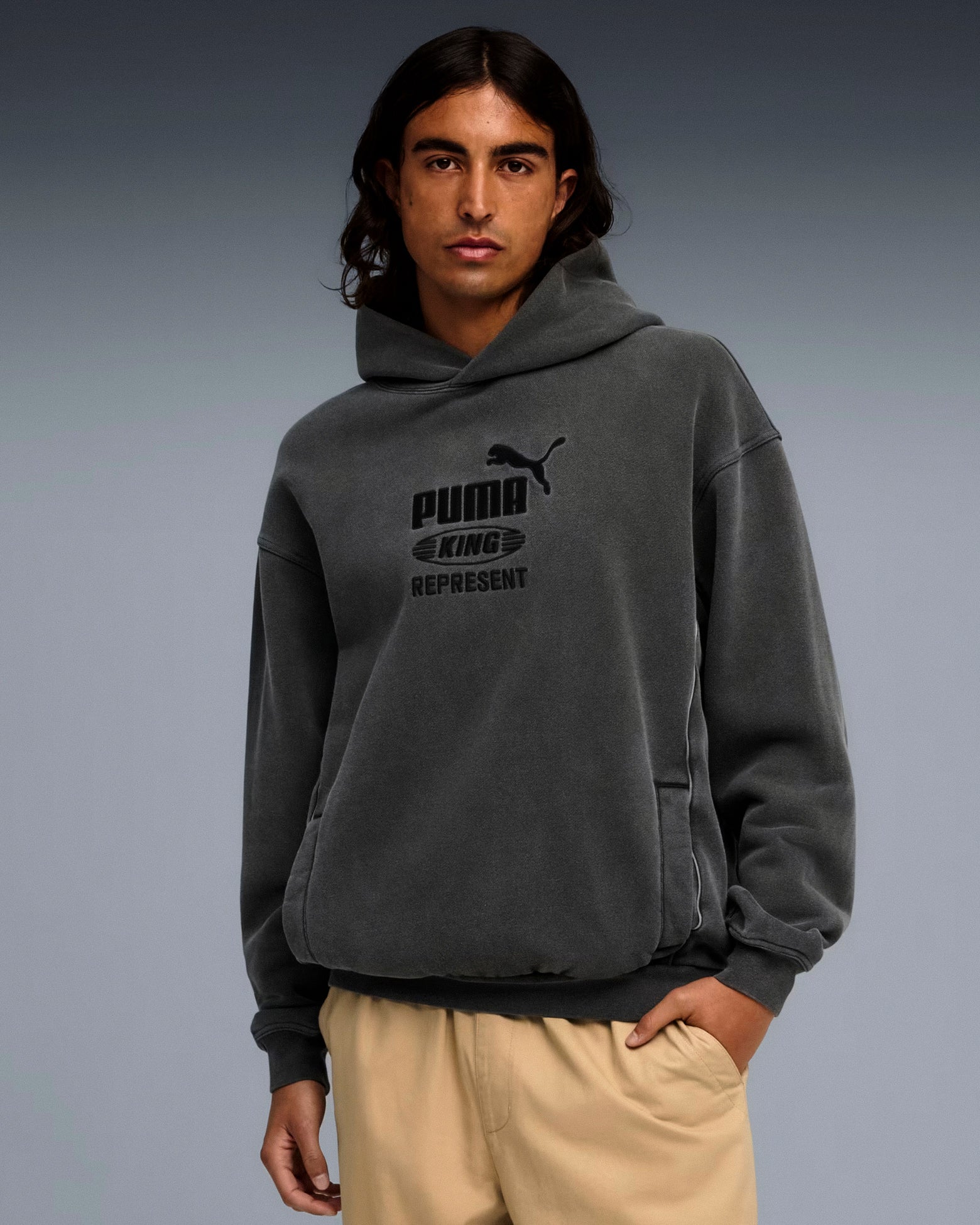 Puma Graphic Hoodie Flat Dark Gray Hoodies 632542 97 On Model Front View | Overkill