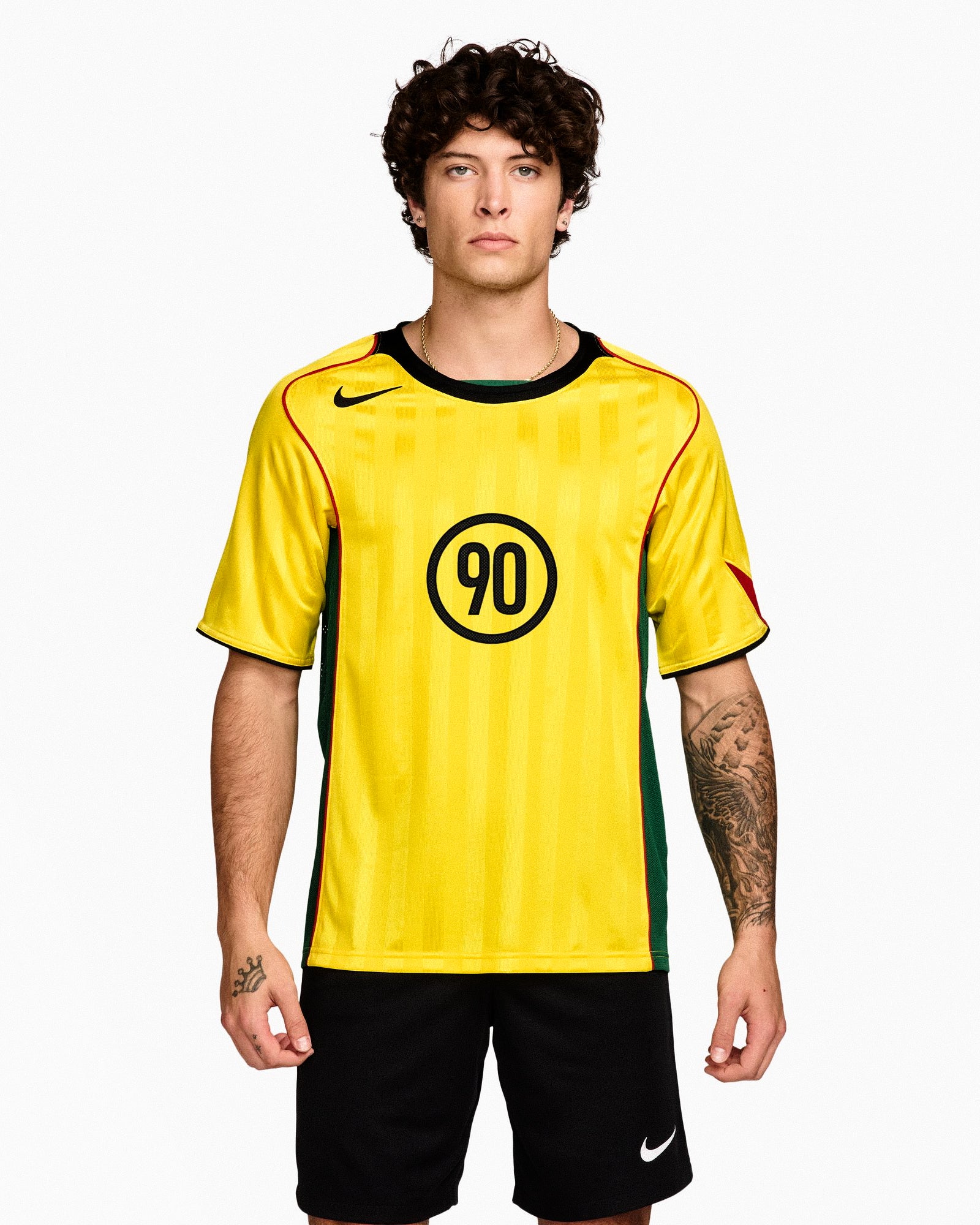 Nike T90 Dri-Fit Energy Jersey Tour Yellow / Black / Sport Red / Black Jersey IB4218 719 On Model Front View | Overkill