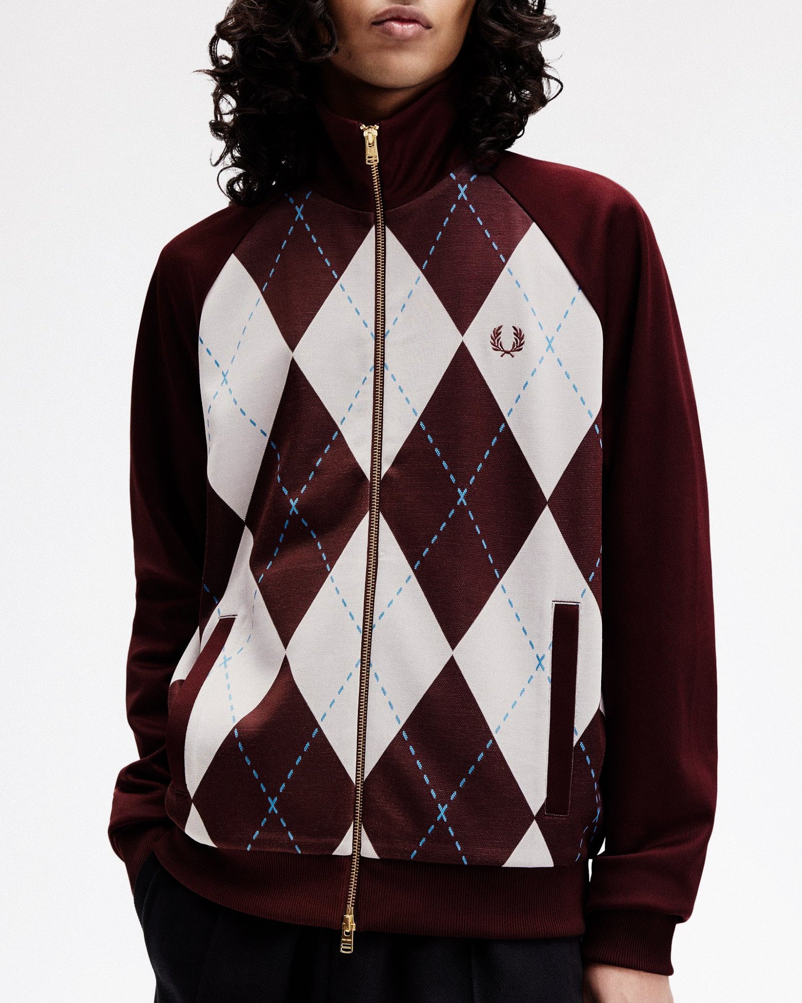 Fred Perry Argyle Track Jacket Oxblood Track Jackets J1319-597 On Model Front View | Overkill