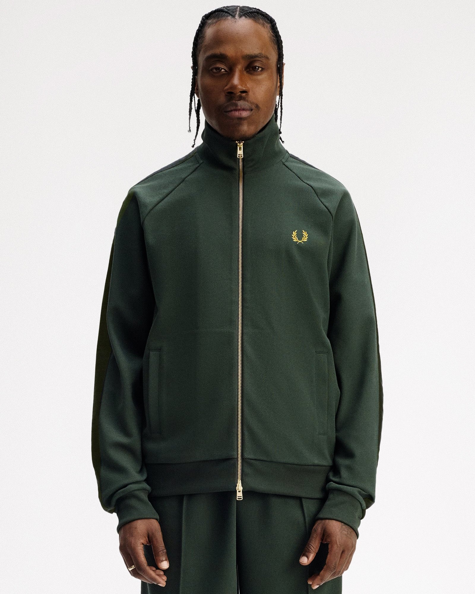 Fred Perry Dash Taped Track Jacket Court Green Track Jackets J1334-X89 On Model Front View | Overkill