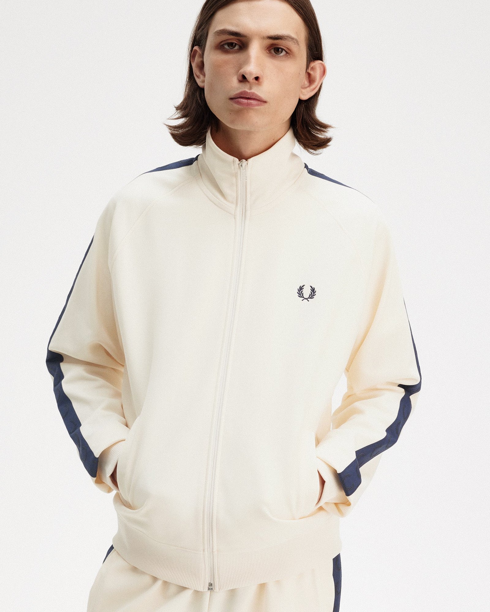 Fred Perry Contrast Tape Track Jacket Ecru / Tennis Blue Track Jackets Close-up | Overkill